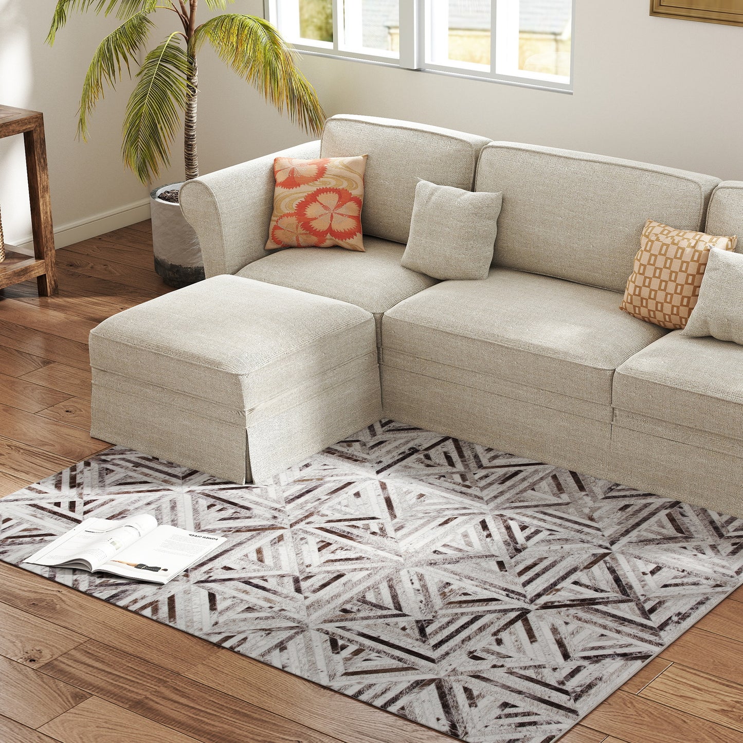 HOMCOM Modern Area Rug Triangle Pattern Patchwork Non Slip Washable 170x120 cm Brown For Living Room Bedroom