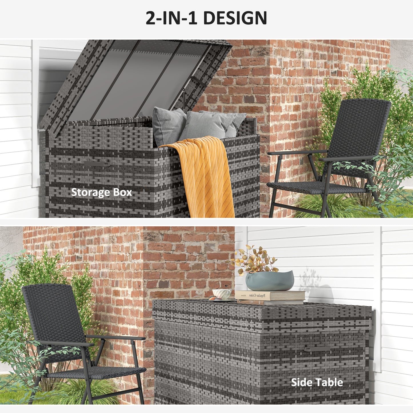 Outsunny 627 L Rattan Storage Box With Gas Strut Lift For Garden Outdoor Dark Grey