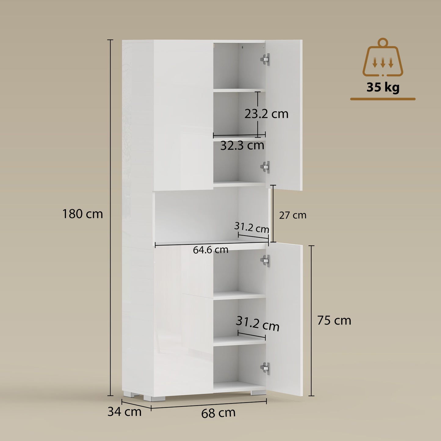 HOMCOM 180 Cm Tall Kitchen Cupboard Pantry Storage Cabinet With Soft Close Doors And Adjustable Shelves High Gloss White