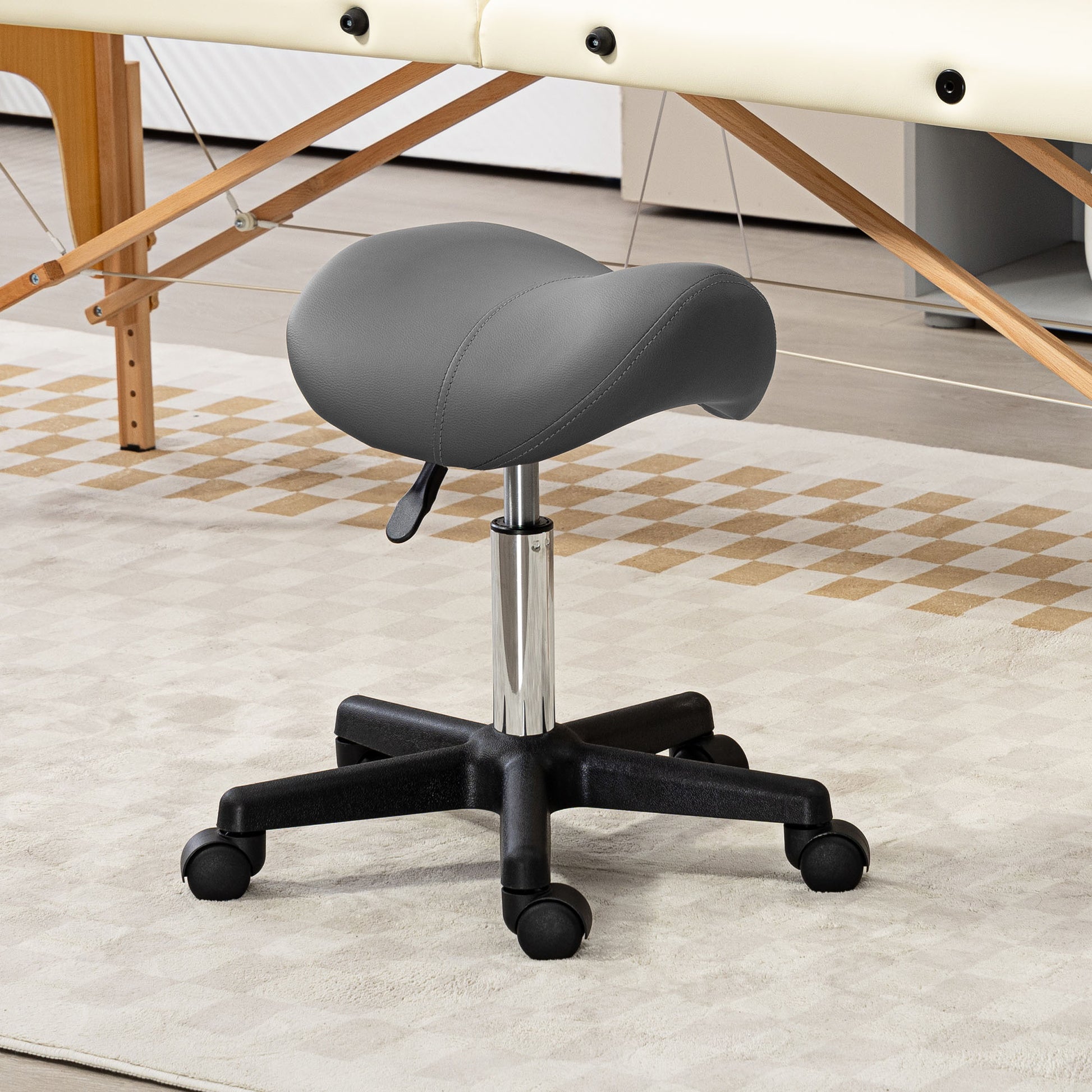 HOMCOM Adjustable Grey PU Leather Saddle Stool with Rolling Wheels for Salon and Spa Use - ALL4U RETAILER LTD