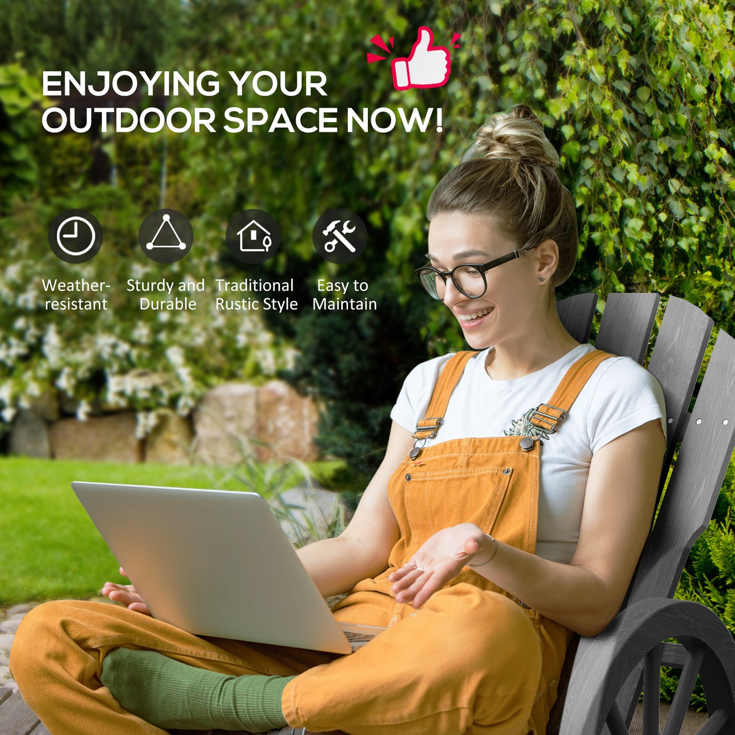 Outsunny Wooden Adirondack Rocking Chair Recliner Outdoor Garden Furniture Grey Patio Porch Rocker