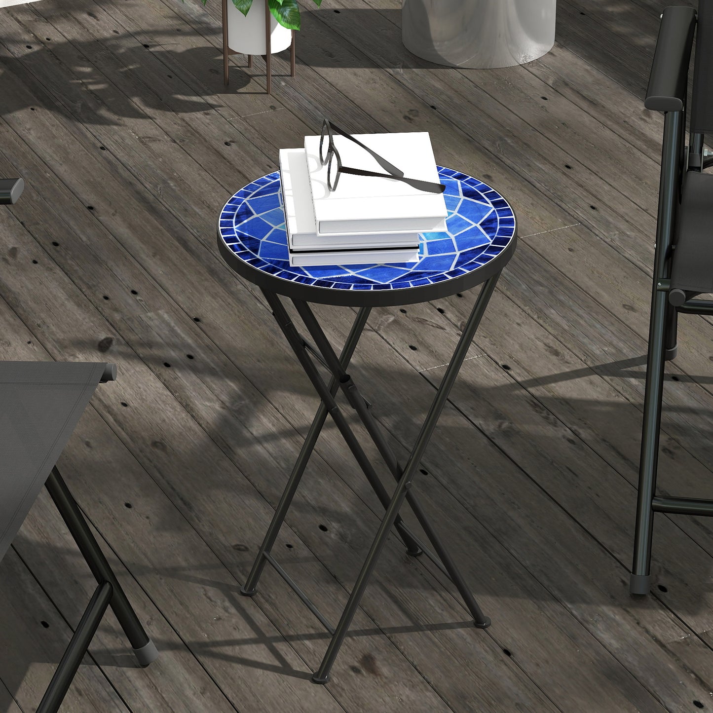 Outsunny Mosaic Outdoor Garden Table 35.5cm Round Folding Coffee Table With Metal Frame For Balcony Terrace Navy Blue