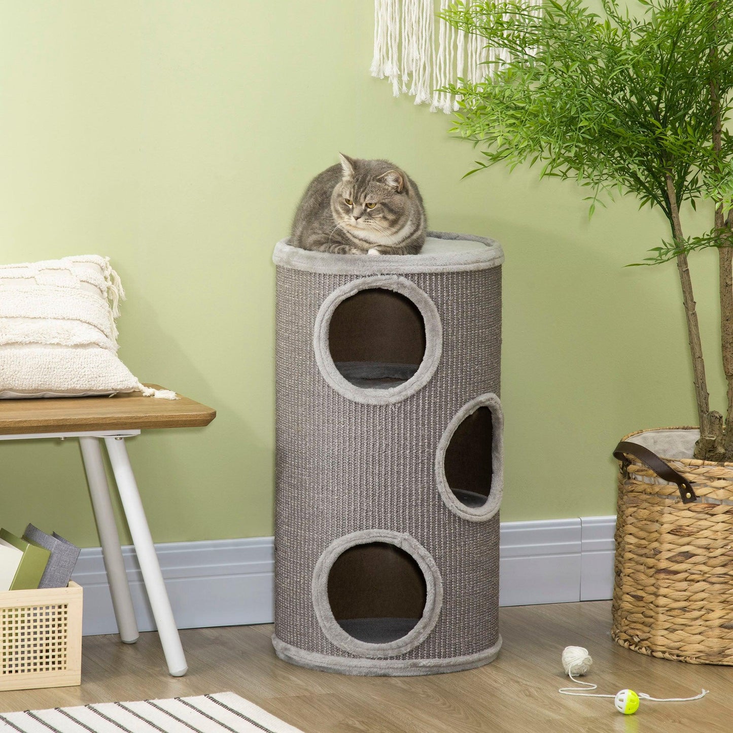 PawHut Cat Climbing Frame, Covered with Sisal, Cosy Platform - Light Grey - ALL4U RETAILER LTD