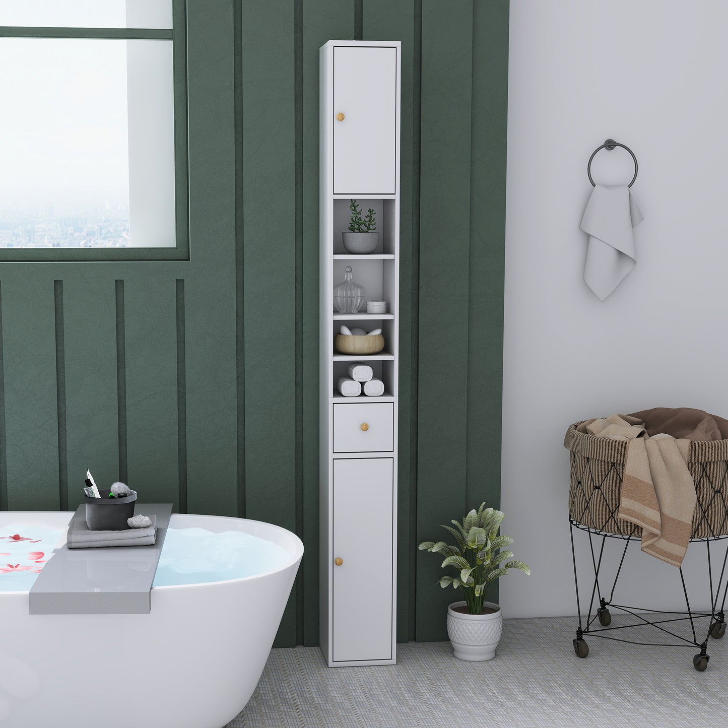 HOMCOM 178 cm Narrow Tall White Bathroom Cabinet With Two Closed Cabinets Four Open Compartments Adjustable Shelves