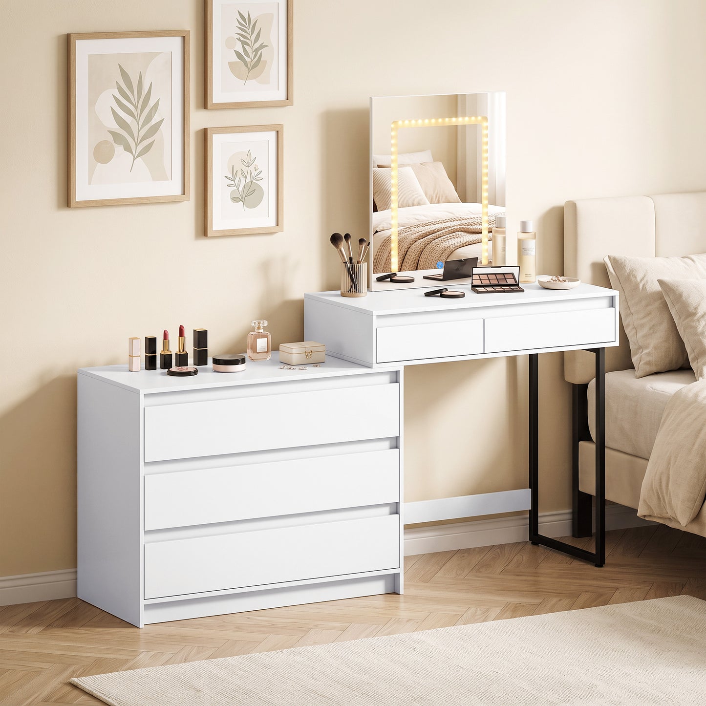 HOMCOM White Vanity Makeup Desk With Three Colour LED Mirror And Five Drawers