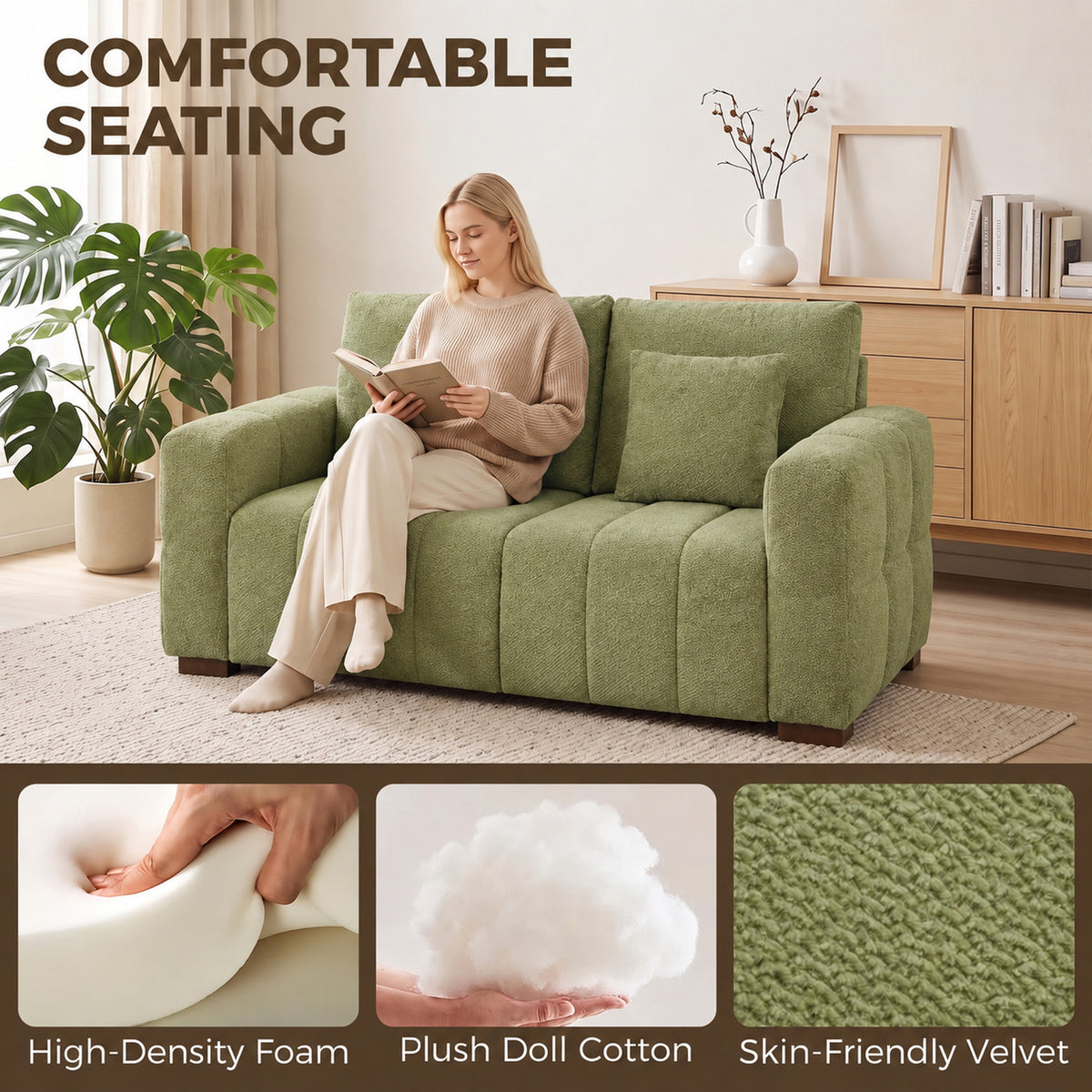 Green velvet 2-seater sofa with deep seat and wide arms, styled for comfortable lounging.