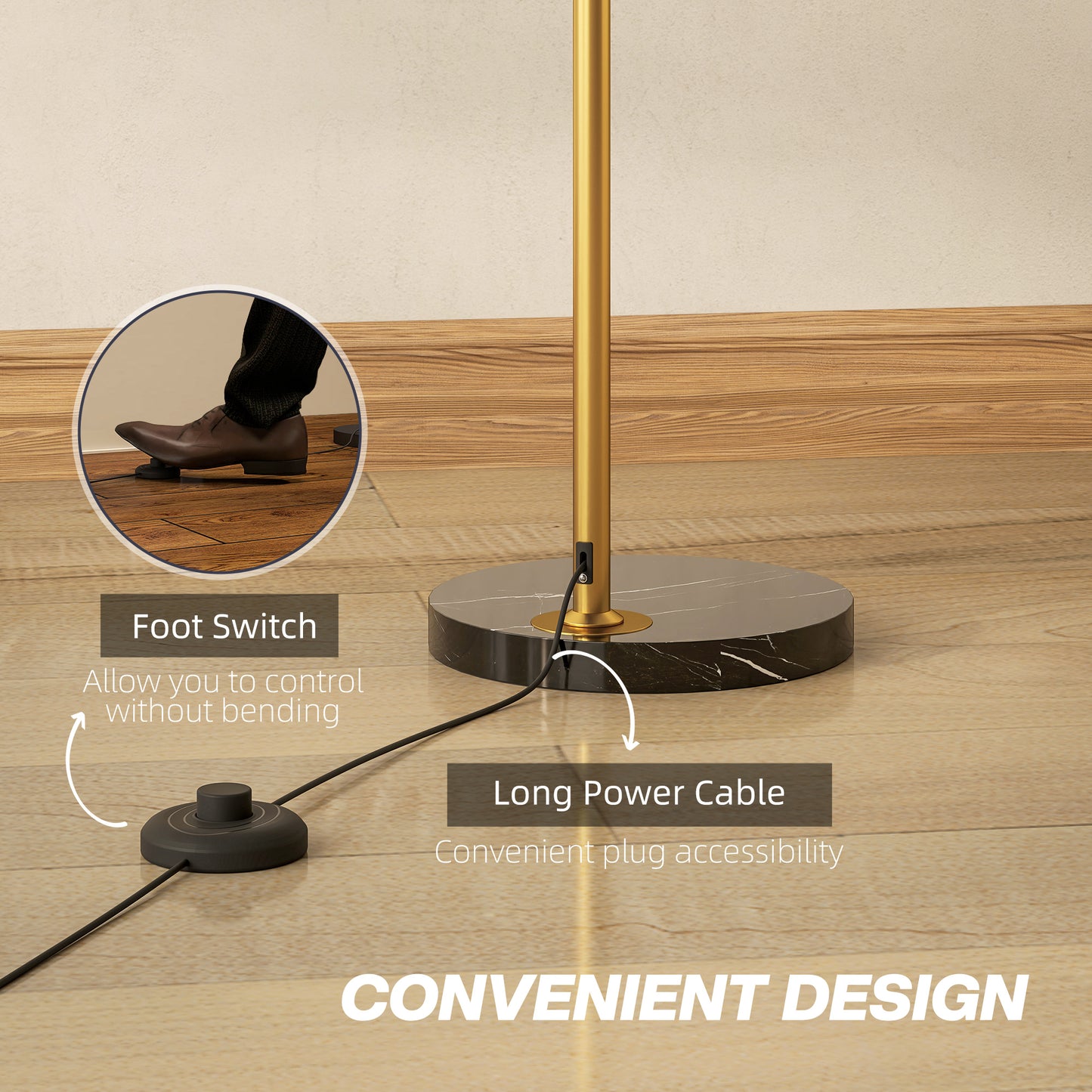 Homcom 167cm Arc Floor Lamp In Gold Tone With Faux Black Marble Base And Bell Shade, Adjustable Foot Switch Living Room