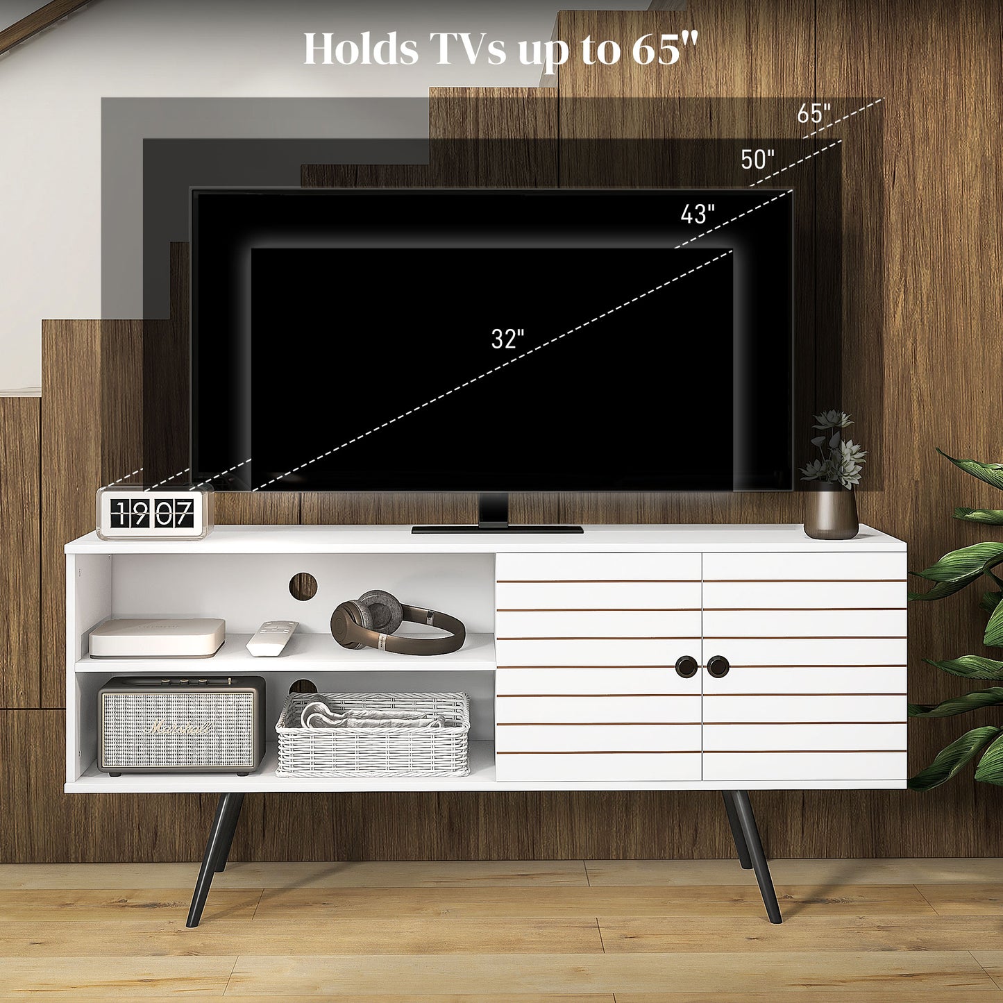 HOMCOM Modern White TV Stand Cabinet for 65 Inch Screens with Open Shelves & Soft-Close Doors - ALL4U RETAILER LTD