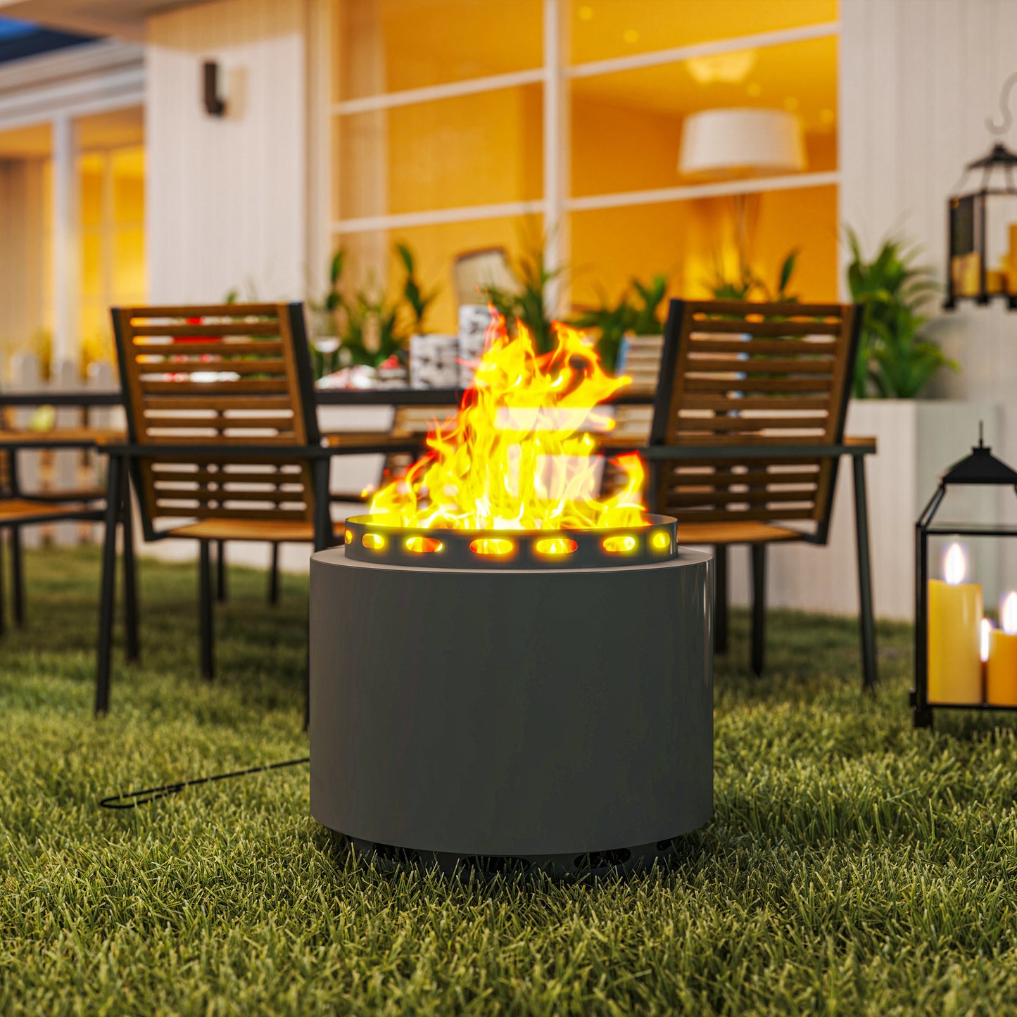 Outsunny Smokeless Fire Pit 48.5cm Portable Wood Burning Firepit With Poker For Garden Camping Bonfire Metal Dark Grey