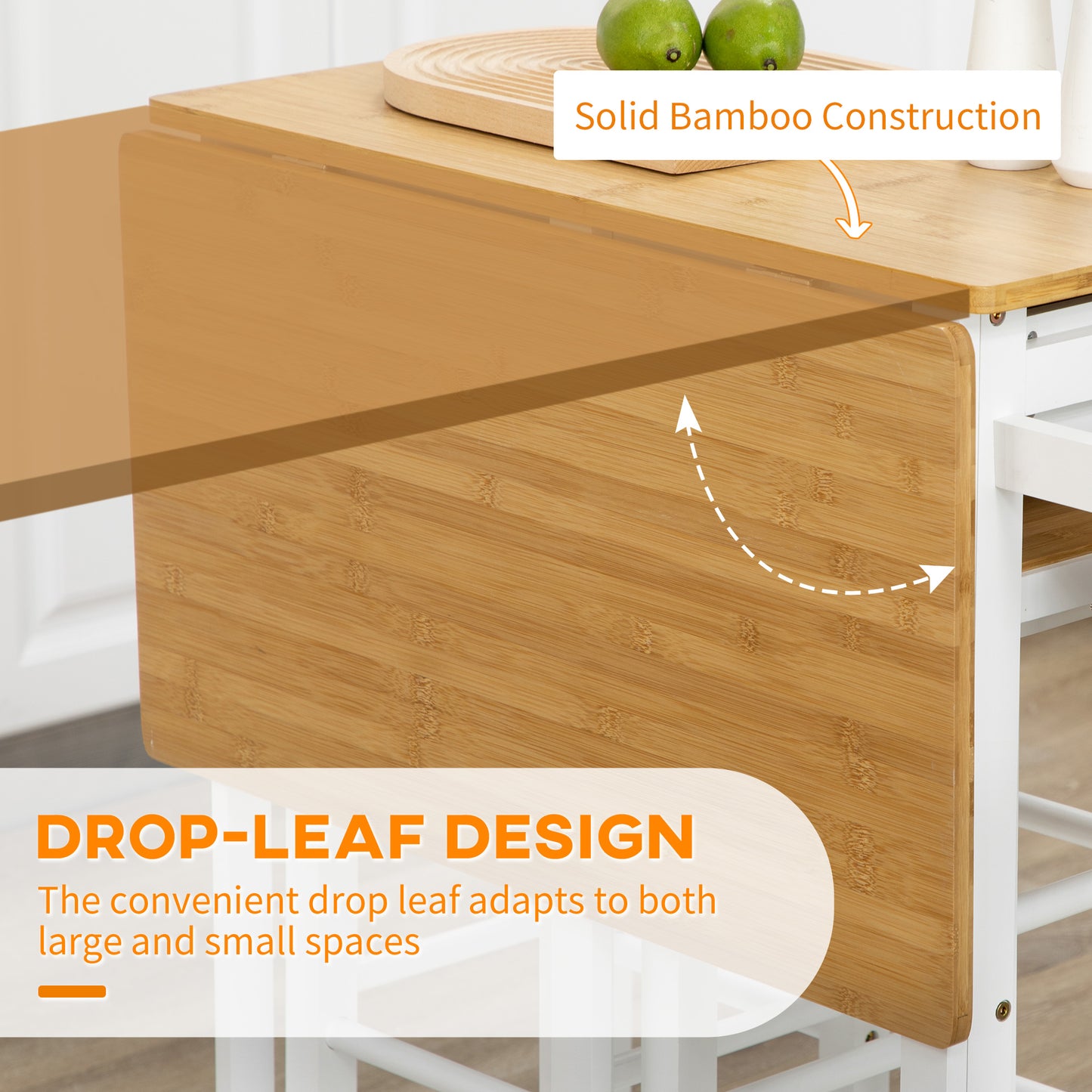 HOMCOM Bamboo Kitchen Island Cart With Drop Leaf Breakfast Bar 2 Stools Drawers Towel Rack Rolling Cart White