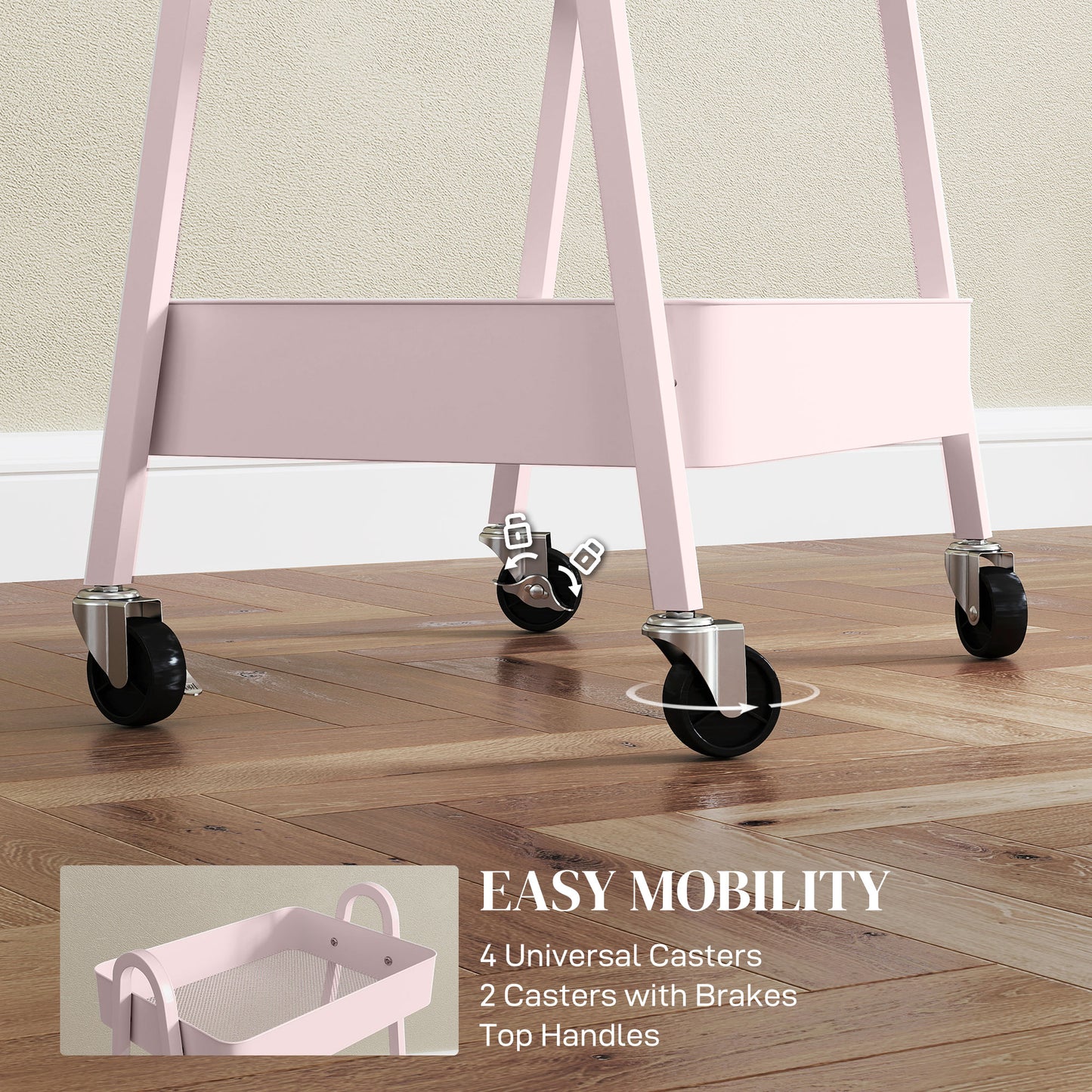 HOMCOM Three Tier Storage Trolley On Wheels Pink with Four Casters and Two Brakes