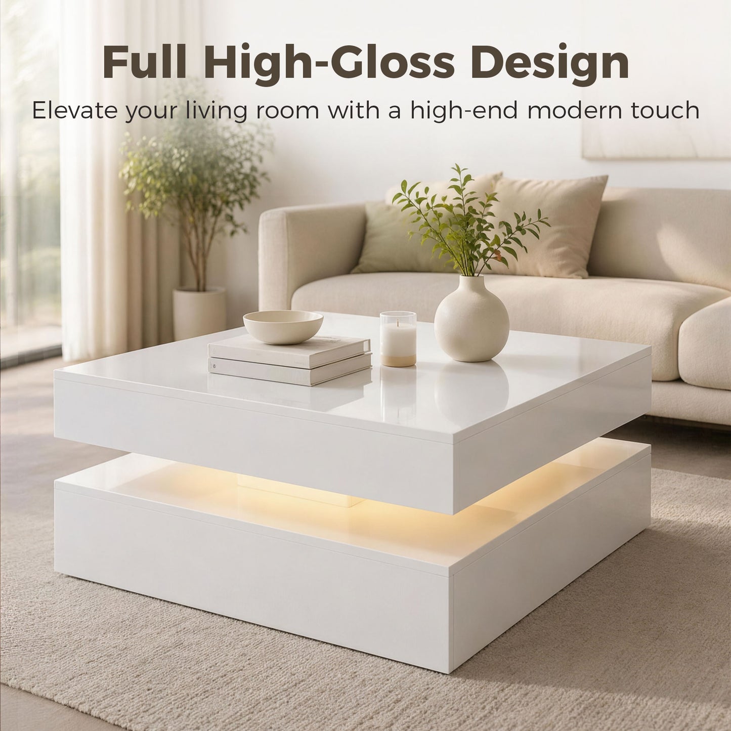HOMCOM LED Coffee Table With Storage And RGB Lighting, 2-Tier Modern Centre Table With Open Shelf, Remote