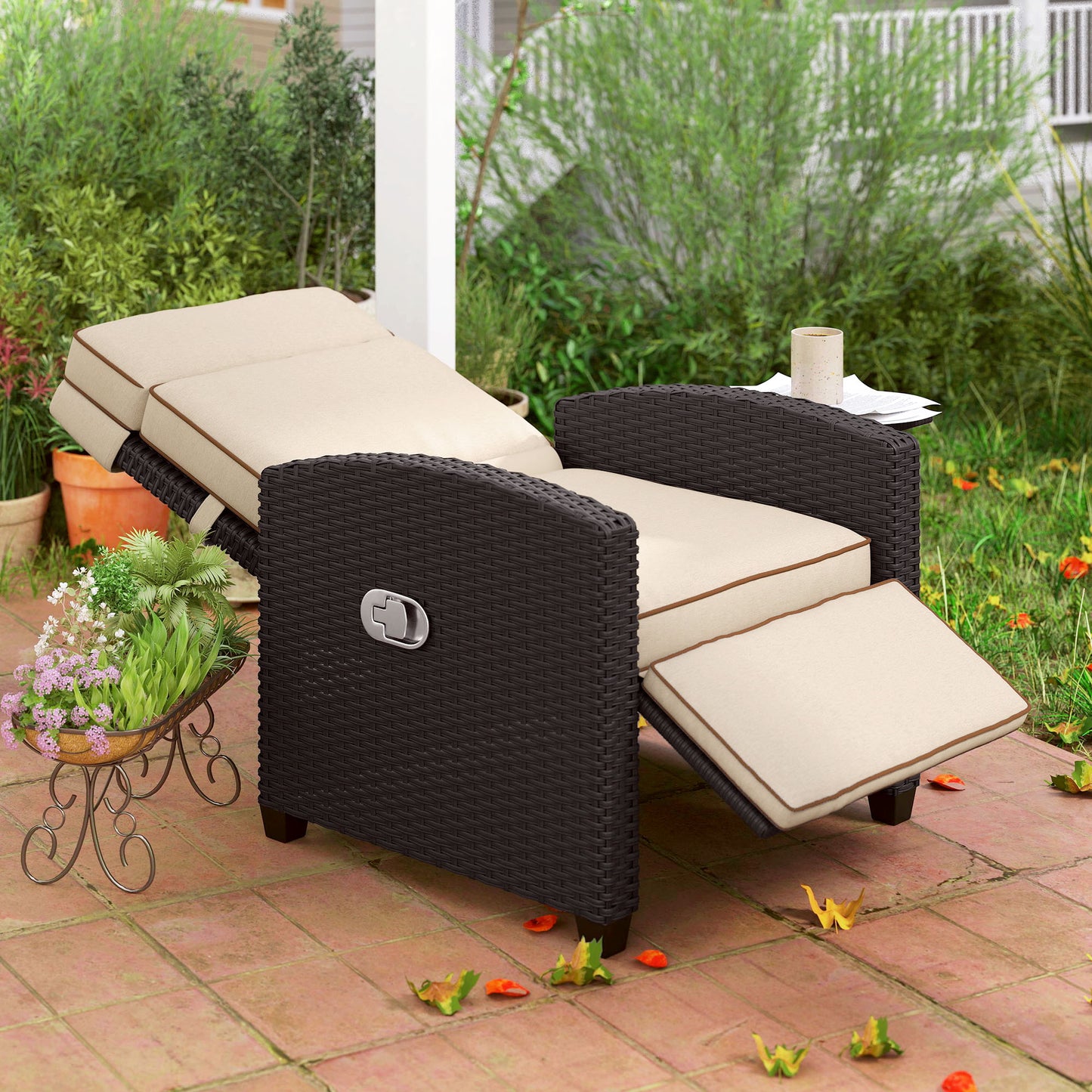 Outsunny 145 Degree Reclining Rattan Armchair With Footrest Outdoor Patio Brown Khaki