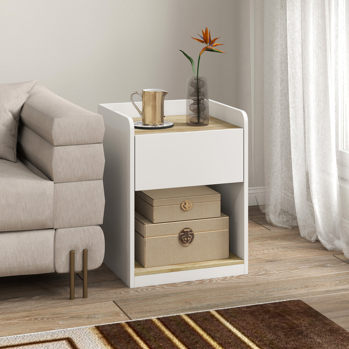 HOMCOM Slim Bedside Table With Drawer Open Shelf And Cable Holes White Oak