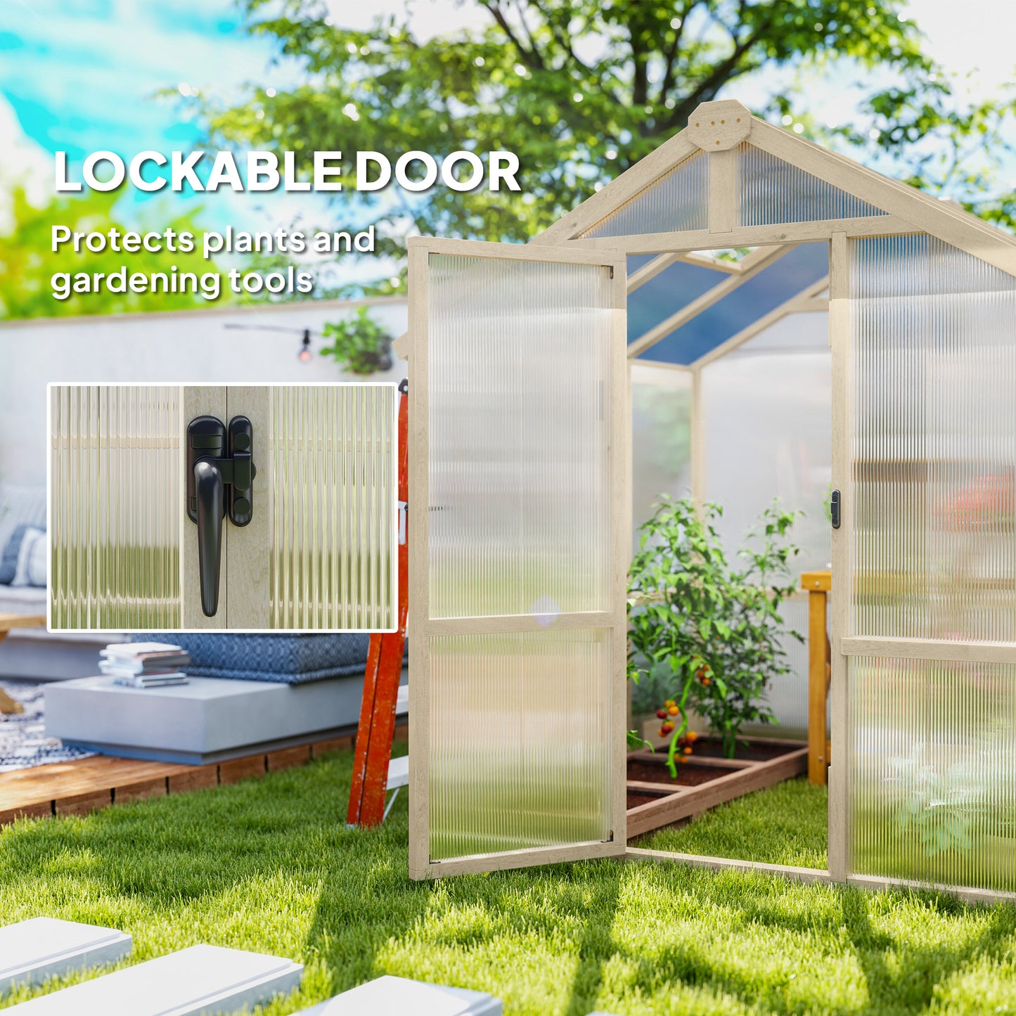 Outsunny 6.6 by 6ft Polycarbonate Walk In Wooden Greenhouse Lockable Door and Window Brown Garden Grow House