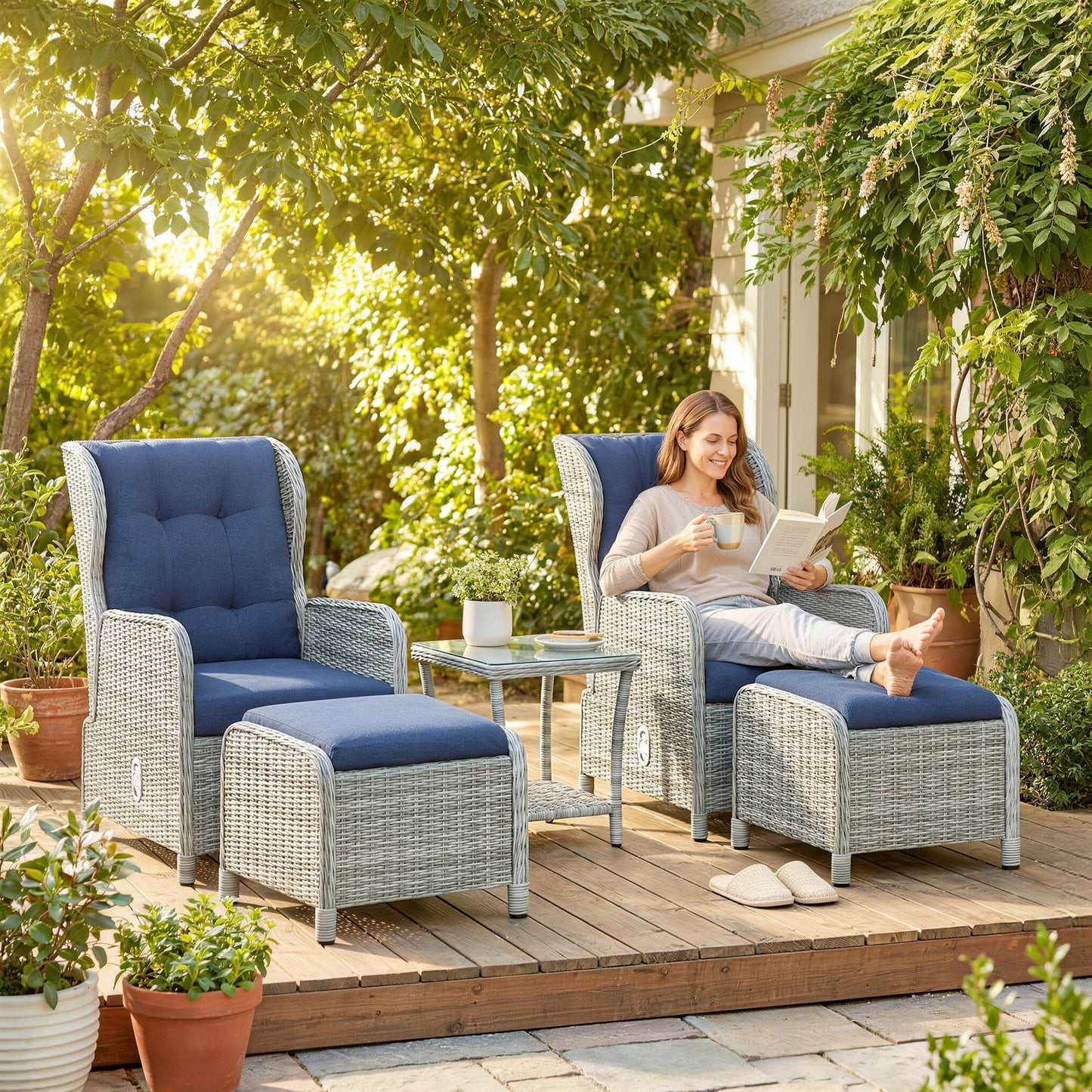 Outsunny 5 Piece Garden Furniture Set With Rattan Reclining Chairs Footstools Cushions With Table For Balcony Dark Blue