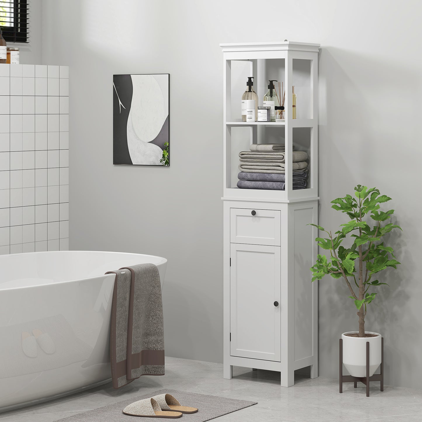 HOMCOM Tall Slim Bathroom Cabinet With Two Open Shelves Soft Close Door And Drawer Adjustable Shelf White