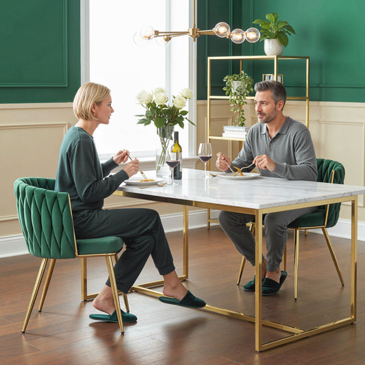 HOMCOM Velvet Feel Dining Chairs Set of 2 Modern Upholstered Armchairs with Knot Design and Golden Legs Dark Green