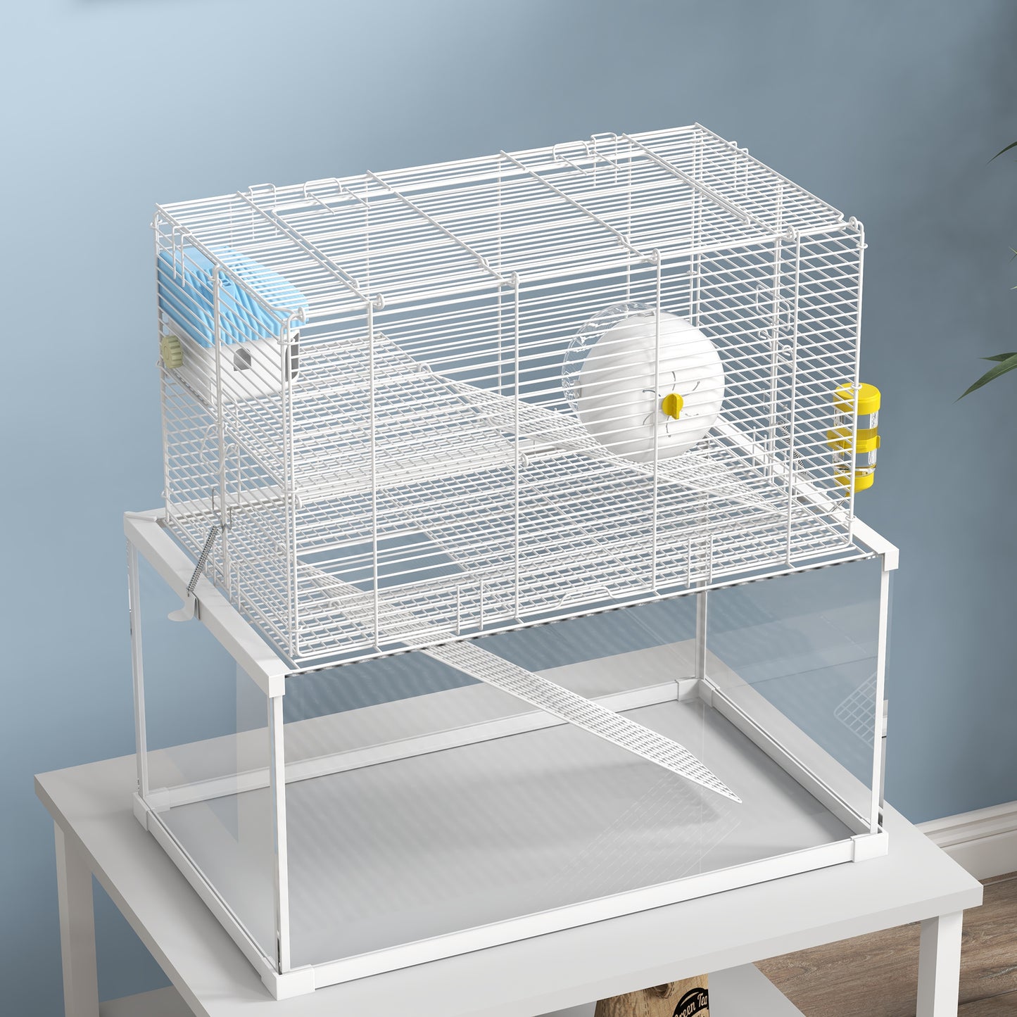 PawHut Three-Level White Gerbil and Dwarf Hamster Cage with Glass Base, Exercise Wheel, Ramp, and Hut - ALL4U RETAILER LTD