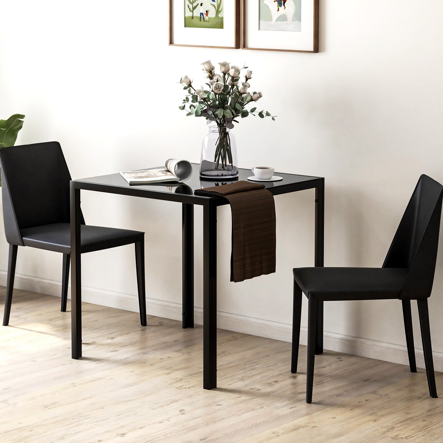 HOMCOM Modern Square Dining Table for Two to Four People with Glass Top and Metal Legs Black