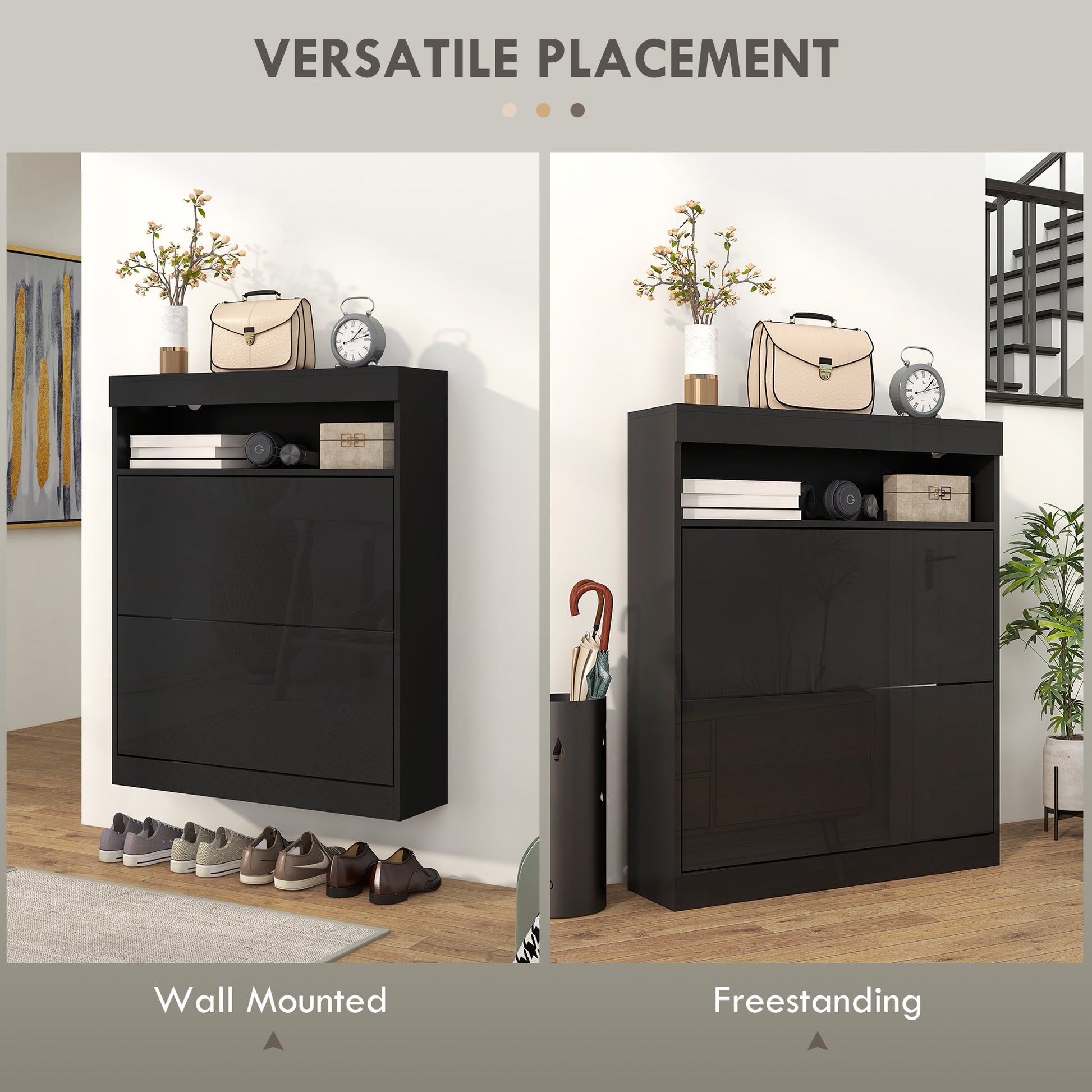 HOMCOM Sleek Black 16-Pair Shoe Storage Cabinet with Adjustable Flip Doors - ALL4U RETAILER LTD