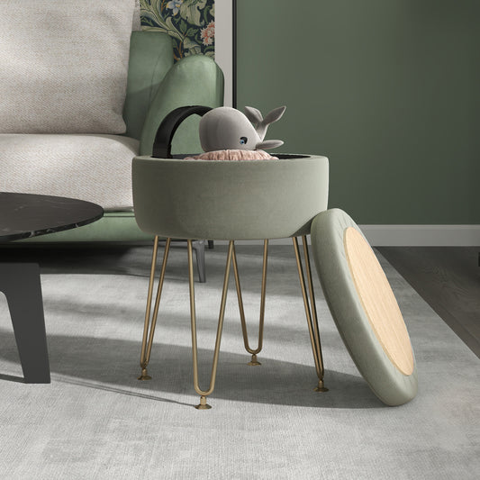 HOMCOM 5L Velvet Feel Green Storage Ottoman With Gold Hairpin Legs Soft Velvet Upholstery