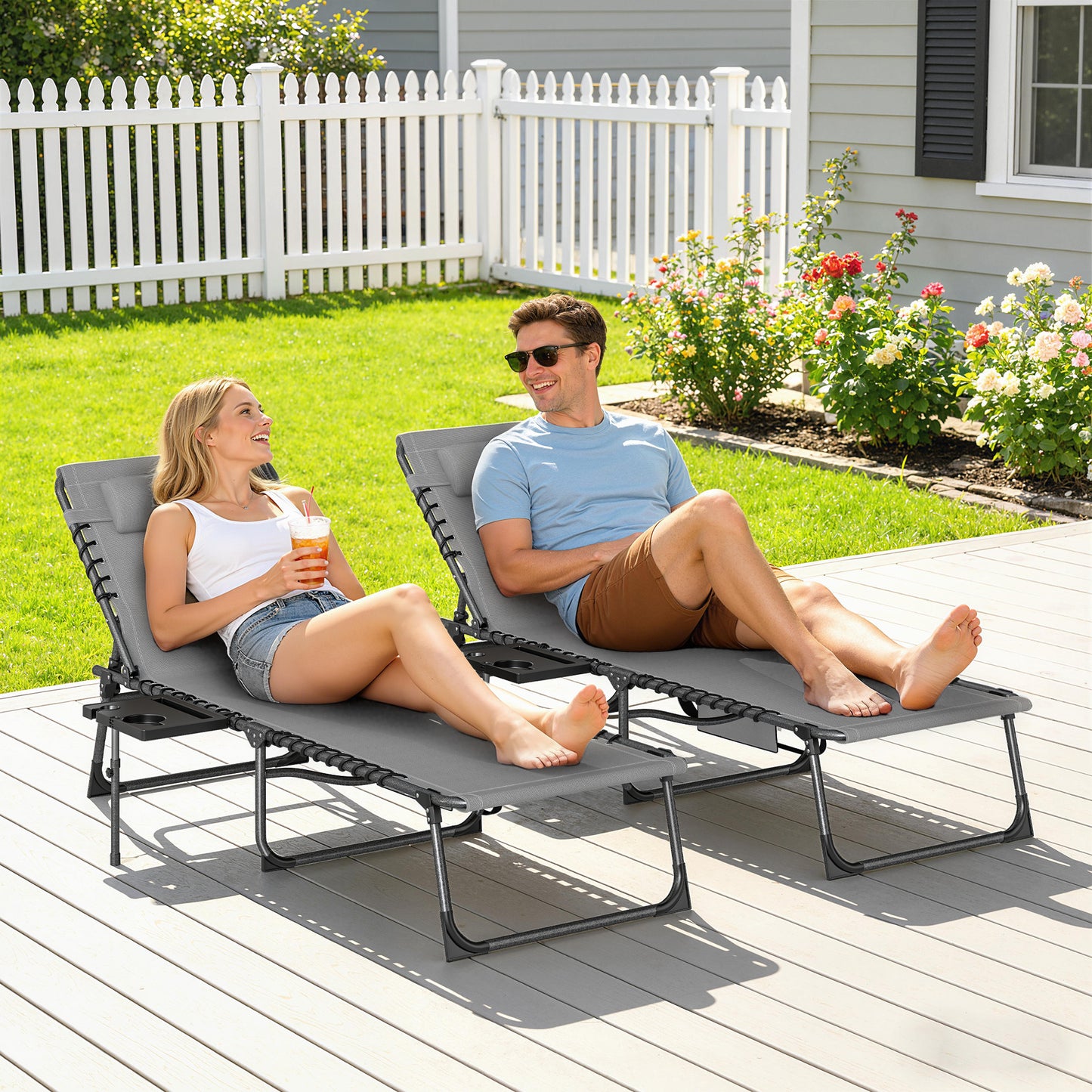 Outsunny Five Position Reclining Sun Loungers Set Of 2 Grey Outdoor Sun Loungers With Removable Pillow