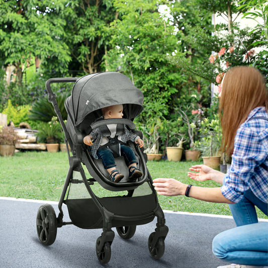 HOMCOM 2-in-1 Lightweight Pushchair with Reversible Seat and Fully Reclining Design for Infants to Toddlers, Grey - ALL4U RETAILER LTD