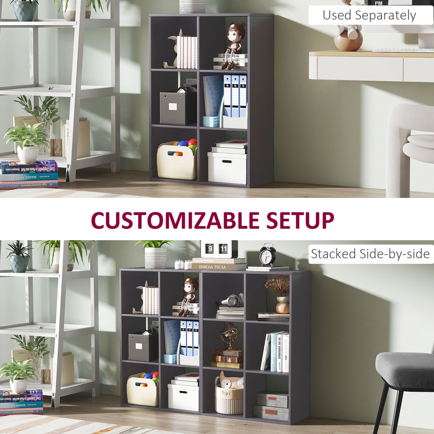 HOMCOM 6 Cube Bookshelf Grey Modern Storage Shelf For Home Office Organization Lightweight Particle Board