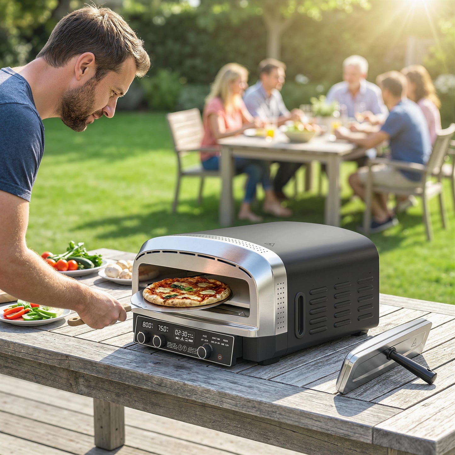 Outsunny Outdoor Electric Pizza Oven with Dual Heat Control and Six Presets 37 cm Stone and Peel