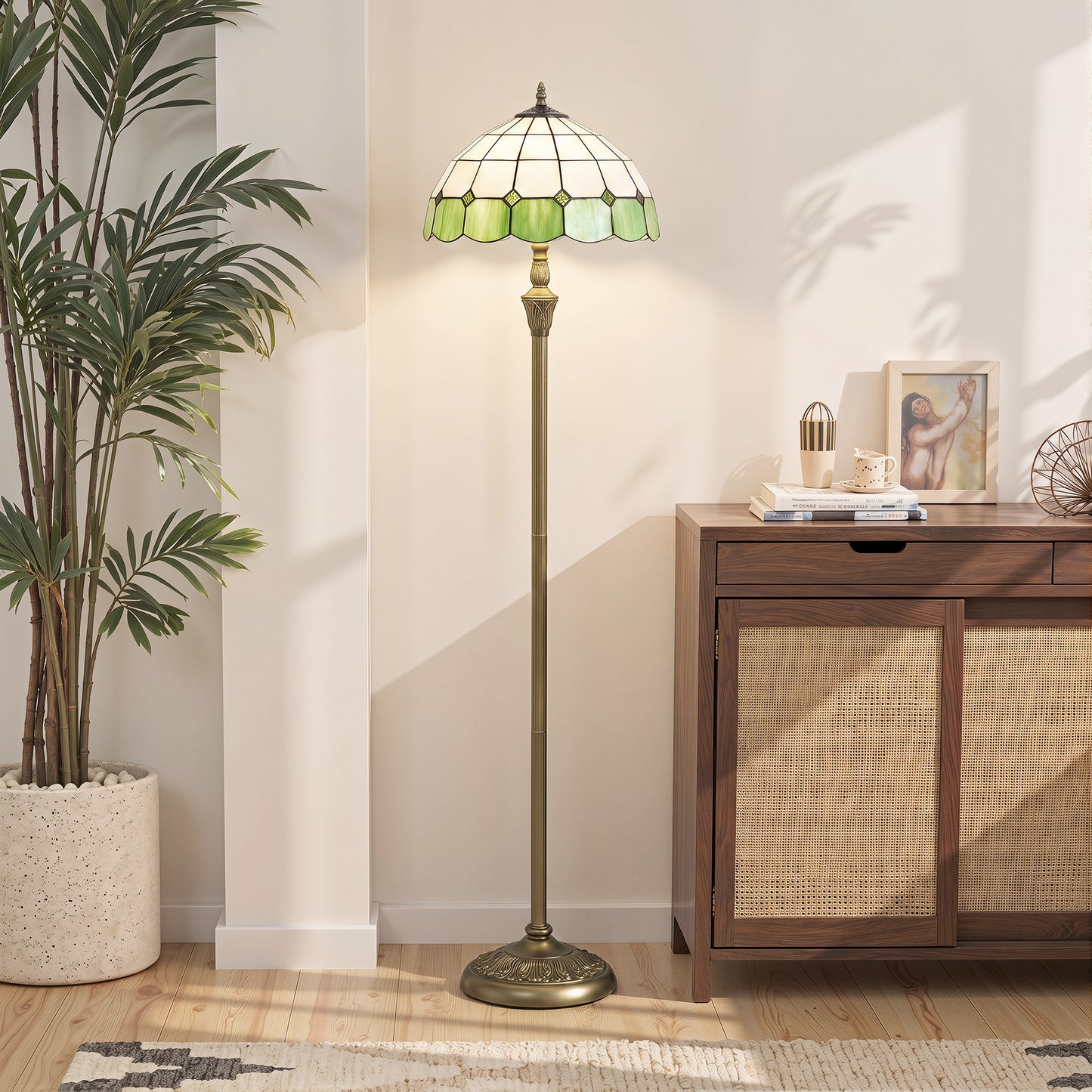 HOMCOM Tiffany-Style Floor Lamp with Handcrafted Stained Glass Shade, 152cm Tall Vintage Standing Lamp, Bronze Tone and Green