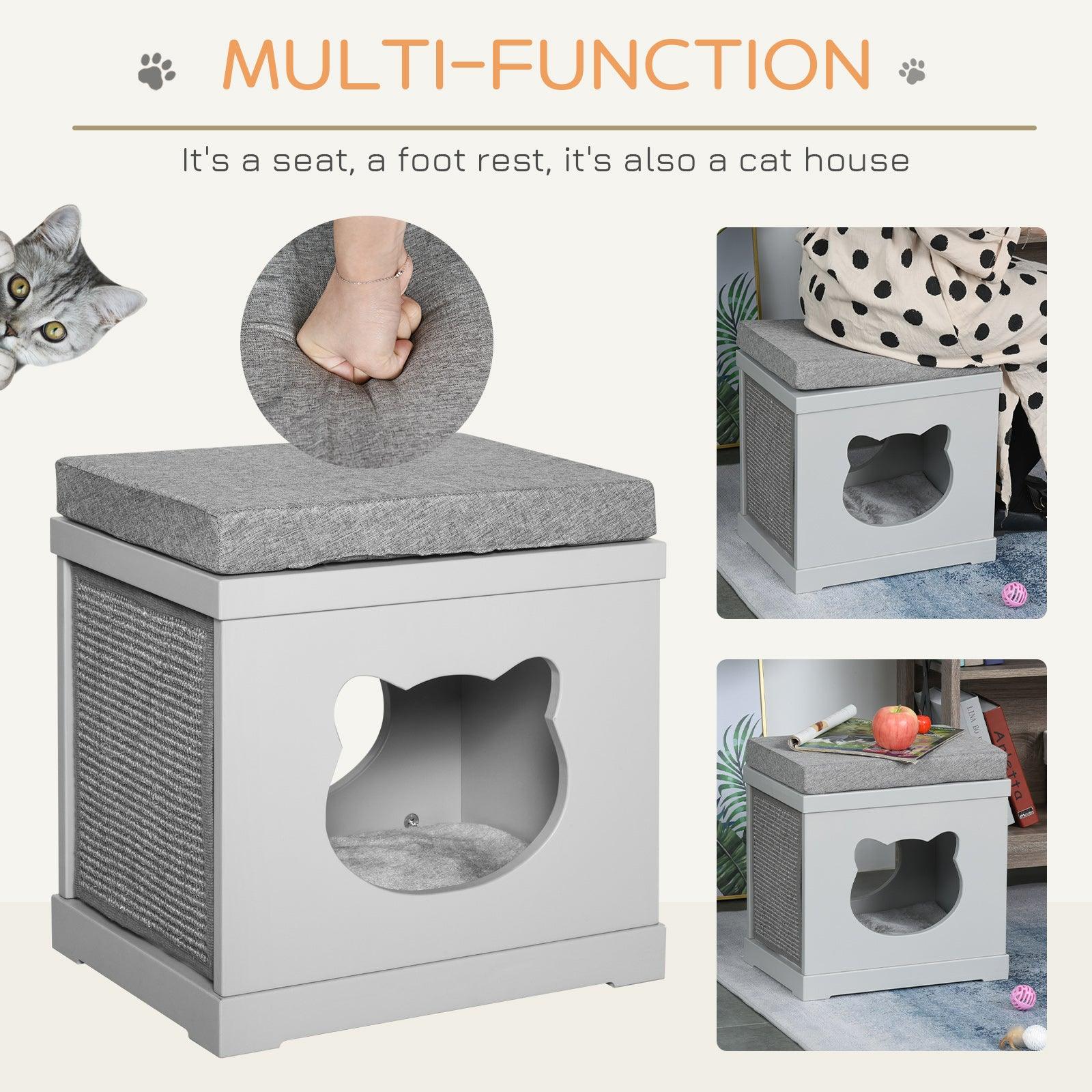 PawHut Cat House Bed Kitten Cave Cube Indoor with Scratching Pads and Soft Cushions, Grey 41x30x36 cm - ALL4U RETAILER LTD