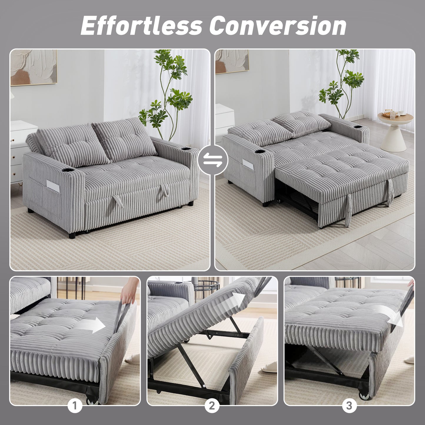 HOMCOM 2 Seater Click Clack Sofa Bed With Pull Out Design Corduroy Upholstery Light Grey
