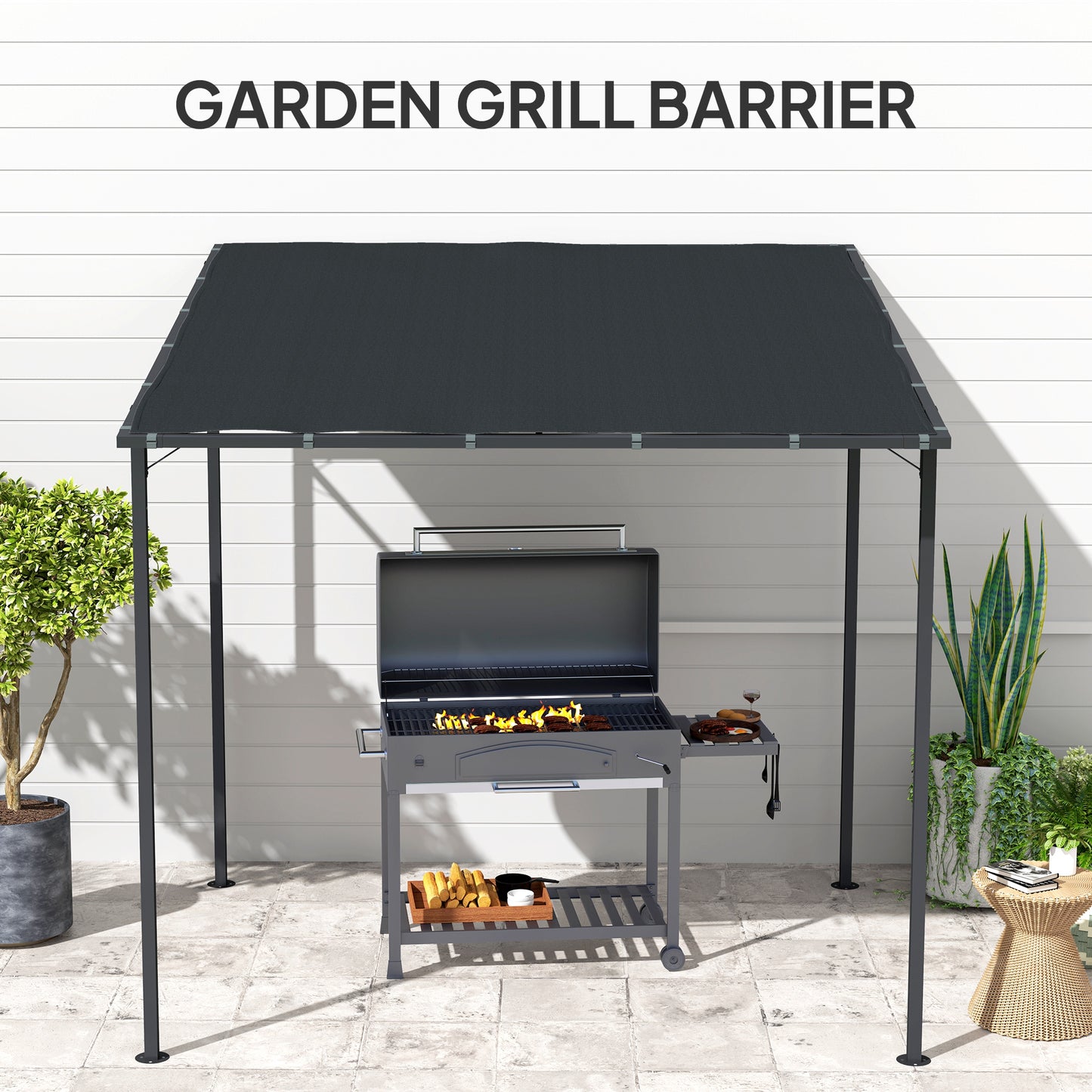 Outsunny 2.4m by 2.4m Wall Mounted Pergola Gazebo with PA Coated Fabric and Metal Frame UPF30 Sun Shade Dark Grey
