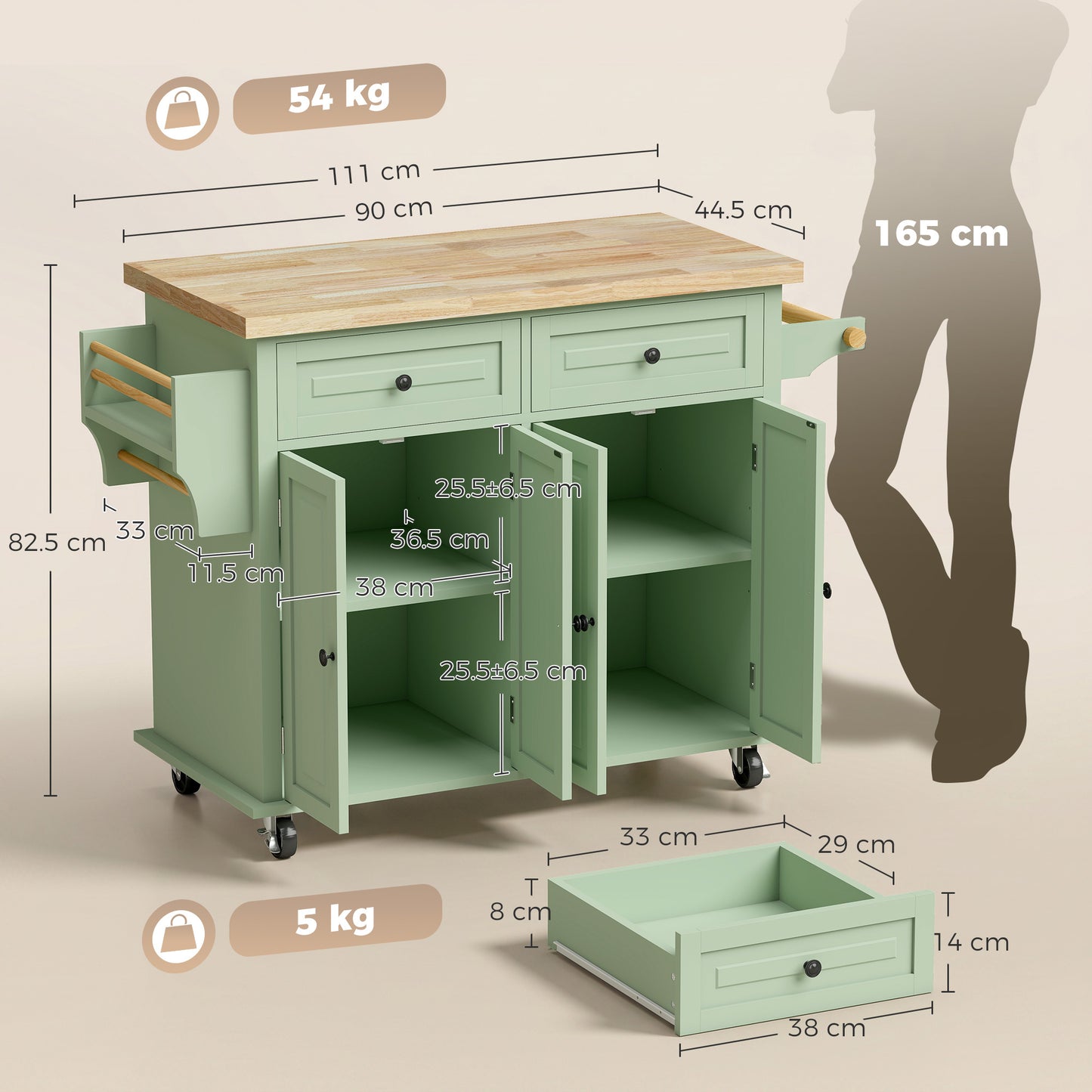 Homcom Rolling Kitchen Island Storage Cart With Rubber Wood Top Light Green