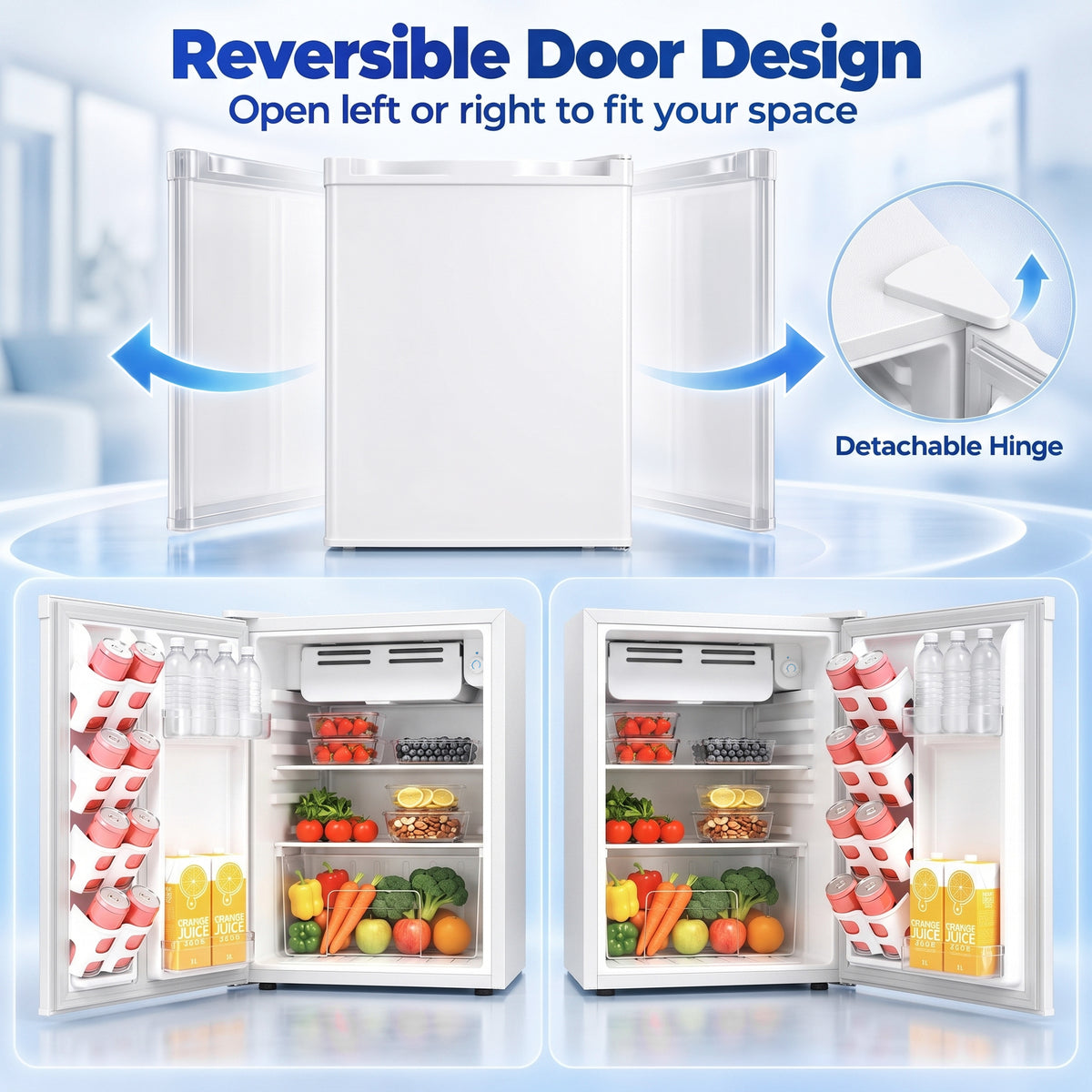 White mini fridge with reversible door and detachable hinge, shown with interior view.