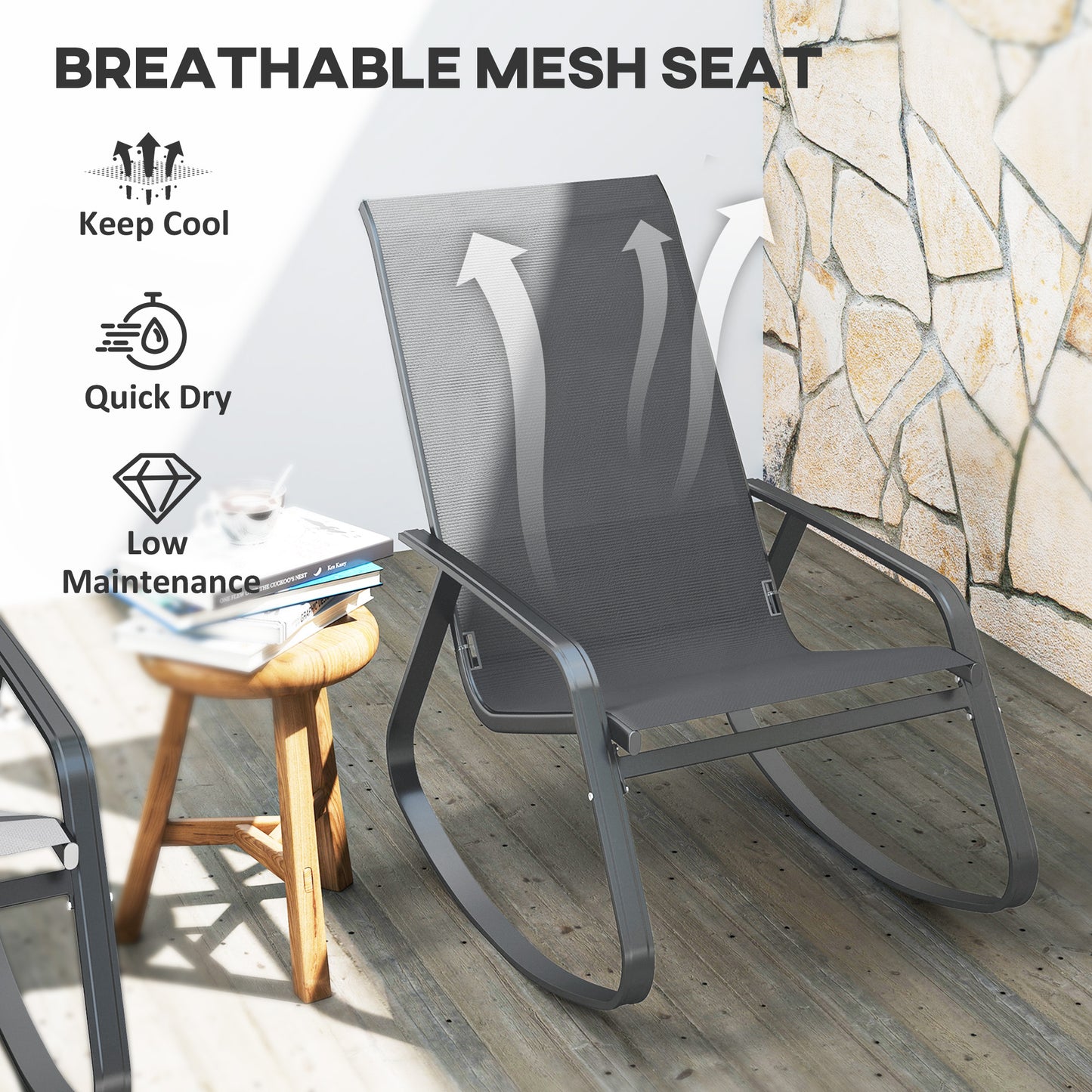 Outsunny Grey Rocking Garden Chair With Texteline Seat 110 To 150 Degree Motion