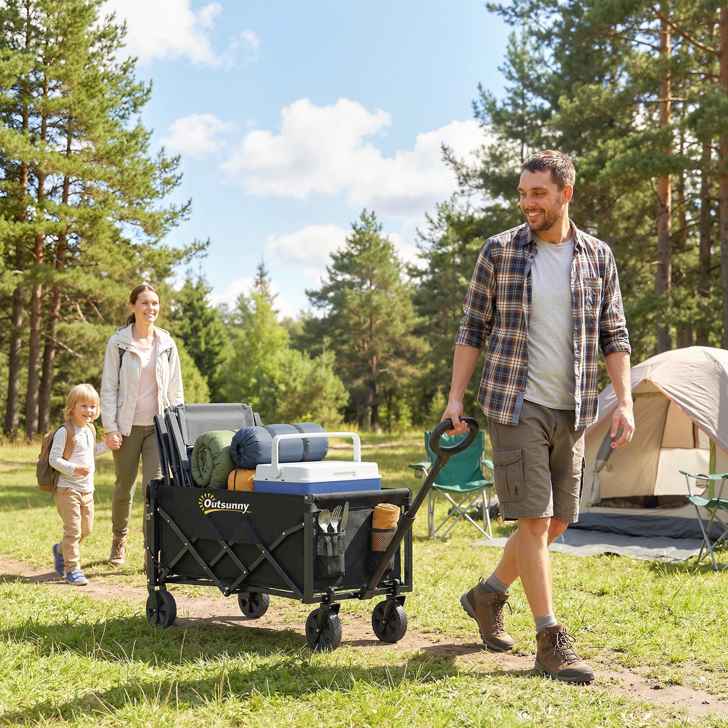 Outsunny 80L Foldable Festival Trolley On Wheels Collapsible Wagon Cart With Drop Down Tailgate Adjustable Handle Black