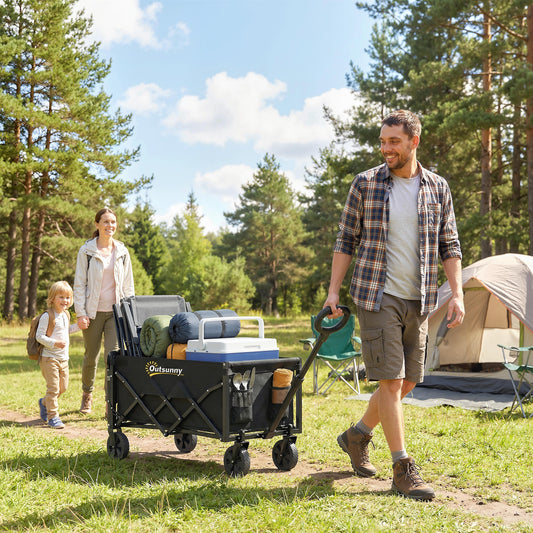 Outsunny 80L Foldable Festival Trolley On Wheels Collapsible Wagon Cart With Drop Down Tailgate Adjustable Handle Black