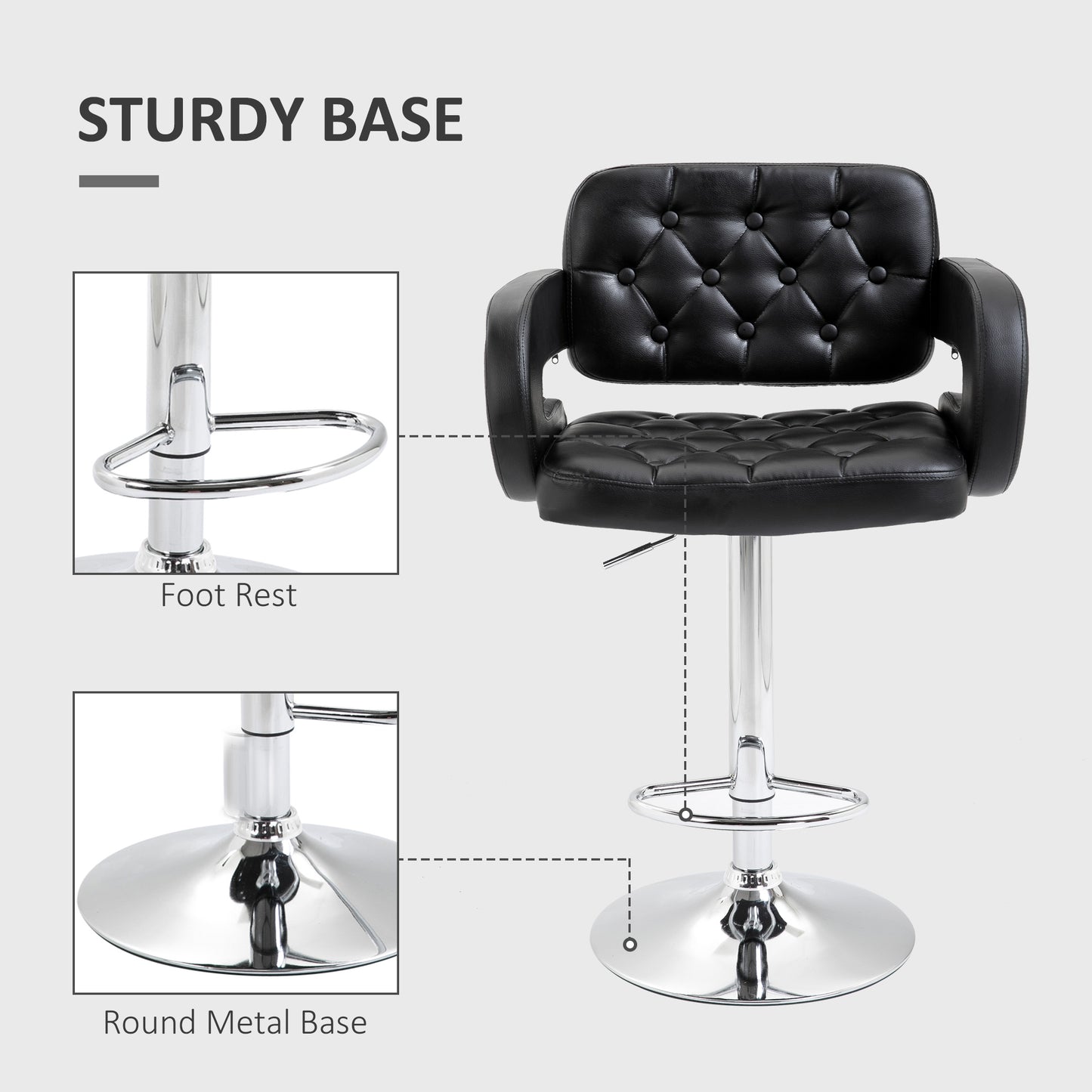 Set Of 2 PU Leather Upholstered Swivel Bar Stools Height Adjustable With Back Armrests And Footrests For Kitchen