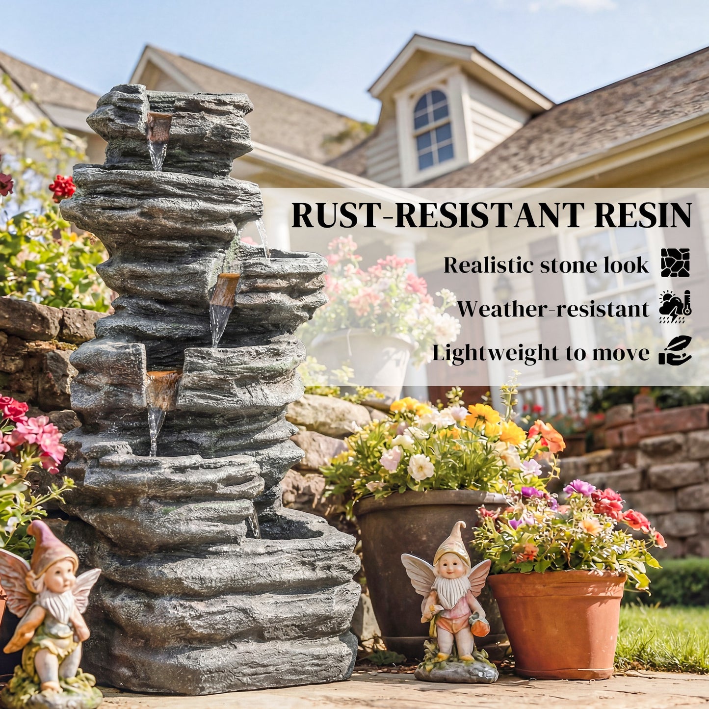 Outsunny 6 Tier Cascading Garden Fountain LED Lights Resin Freestanding Grey Outdoor Water Feature