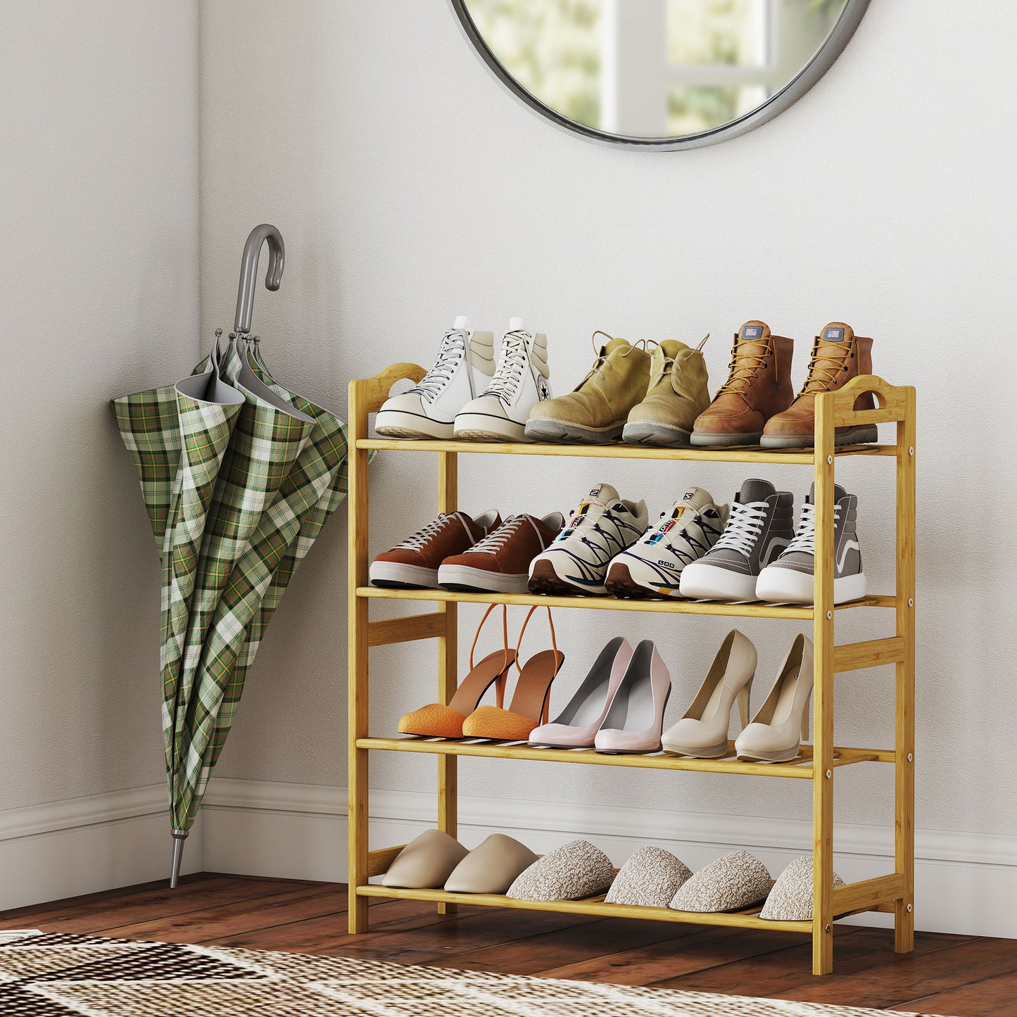 HOMCOM Freestanding Bamboo Shoe Rack 4 Tier Shoe Shelf Stand For Hallway Living Room Bedroom Natural Wood Finish