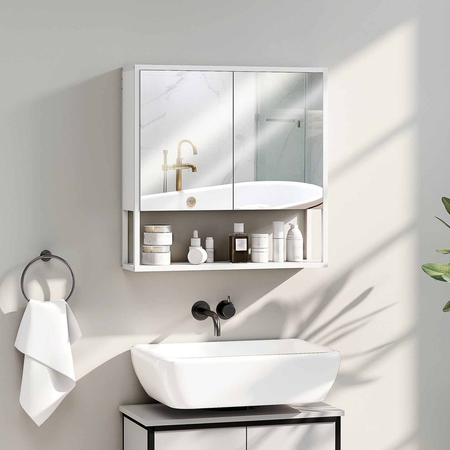 HOMCOM White Bathroom Mirror Cabinet With Soft Close Doors And Adjustable Shelf Storage