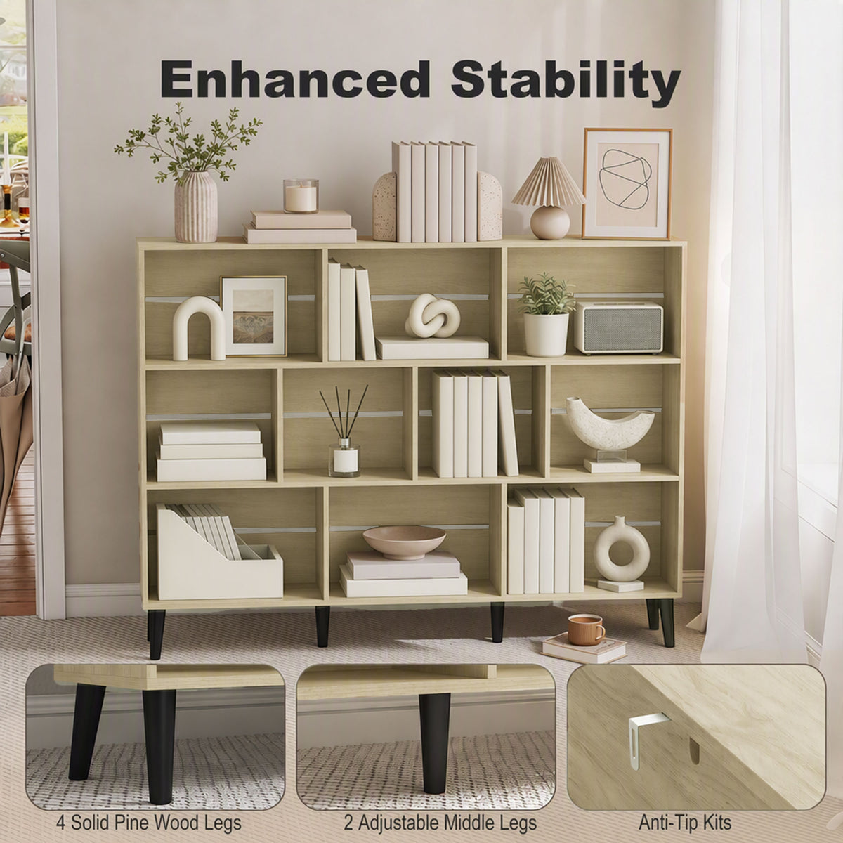 HOMCOM 10 Cube Modern Bookcase With Solid Wood Legs And Anti Tip Kit In Oak
