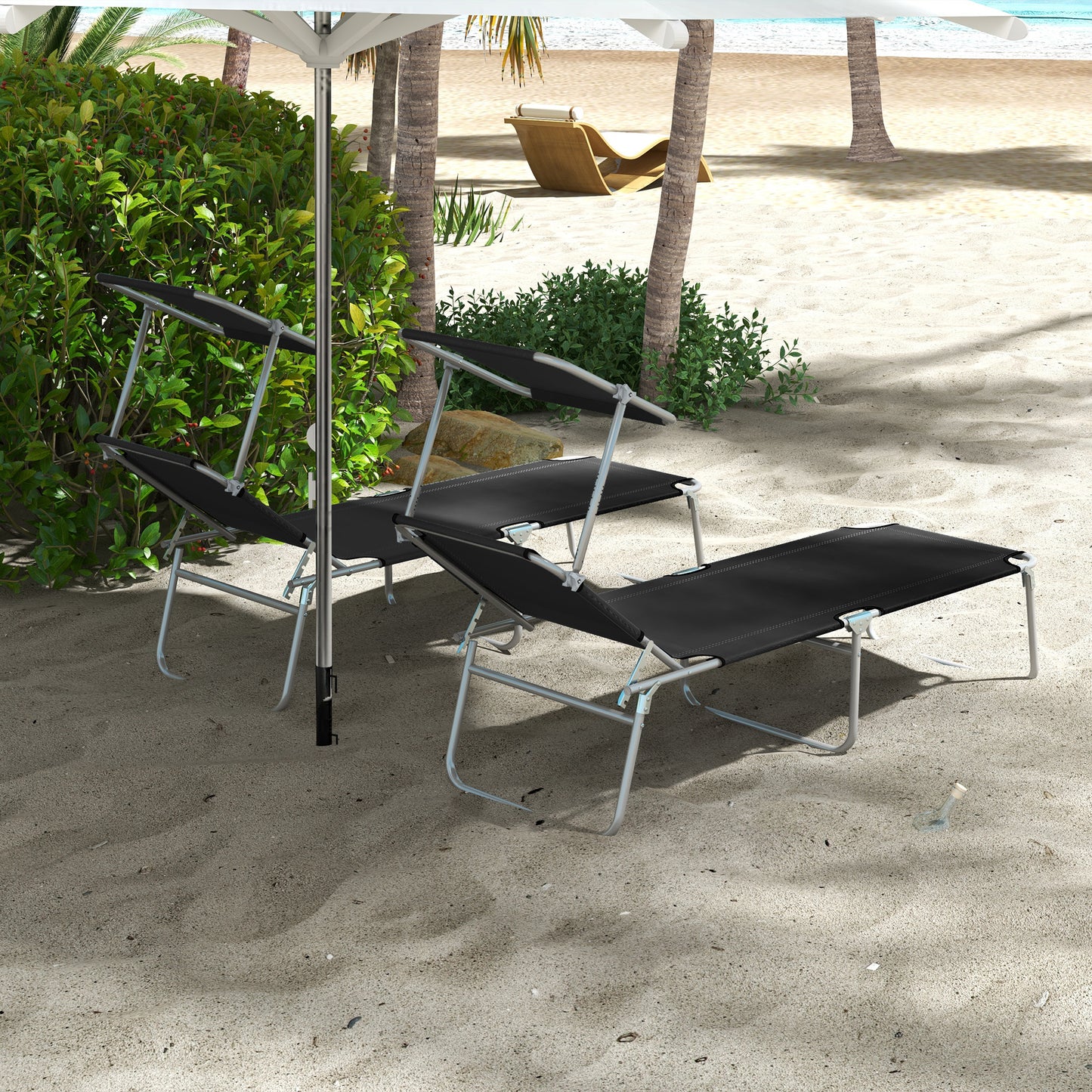 Outsunny Foldable Sun Lounger Set Of 2 With Sun Shade And Adjustable Backrest Black