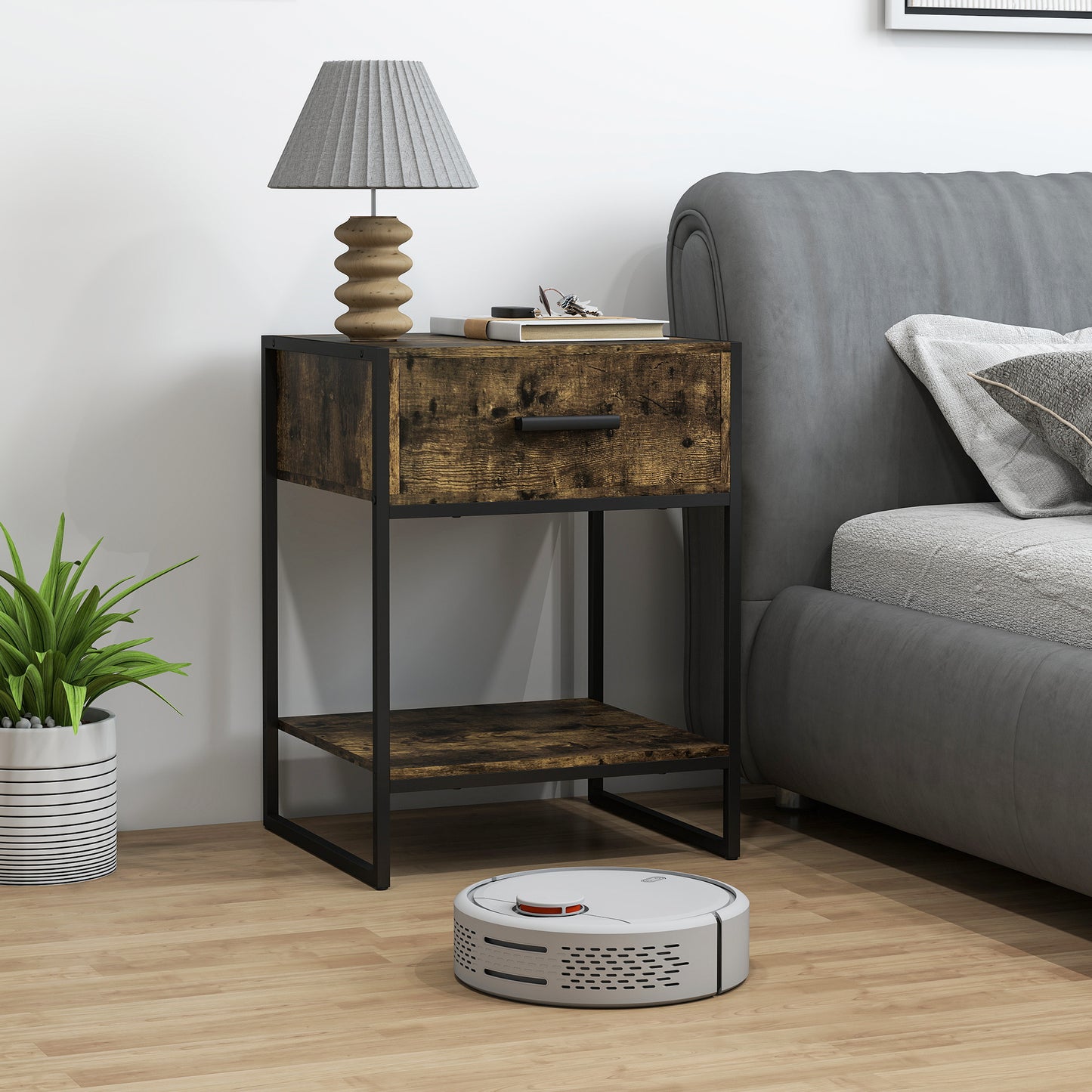 HOMCOM Modern Bedside Table With Drawer And Shelf In Rustic Brown And Black Frame