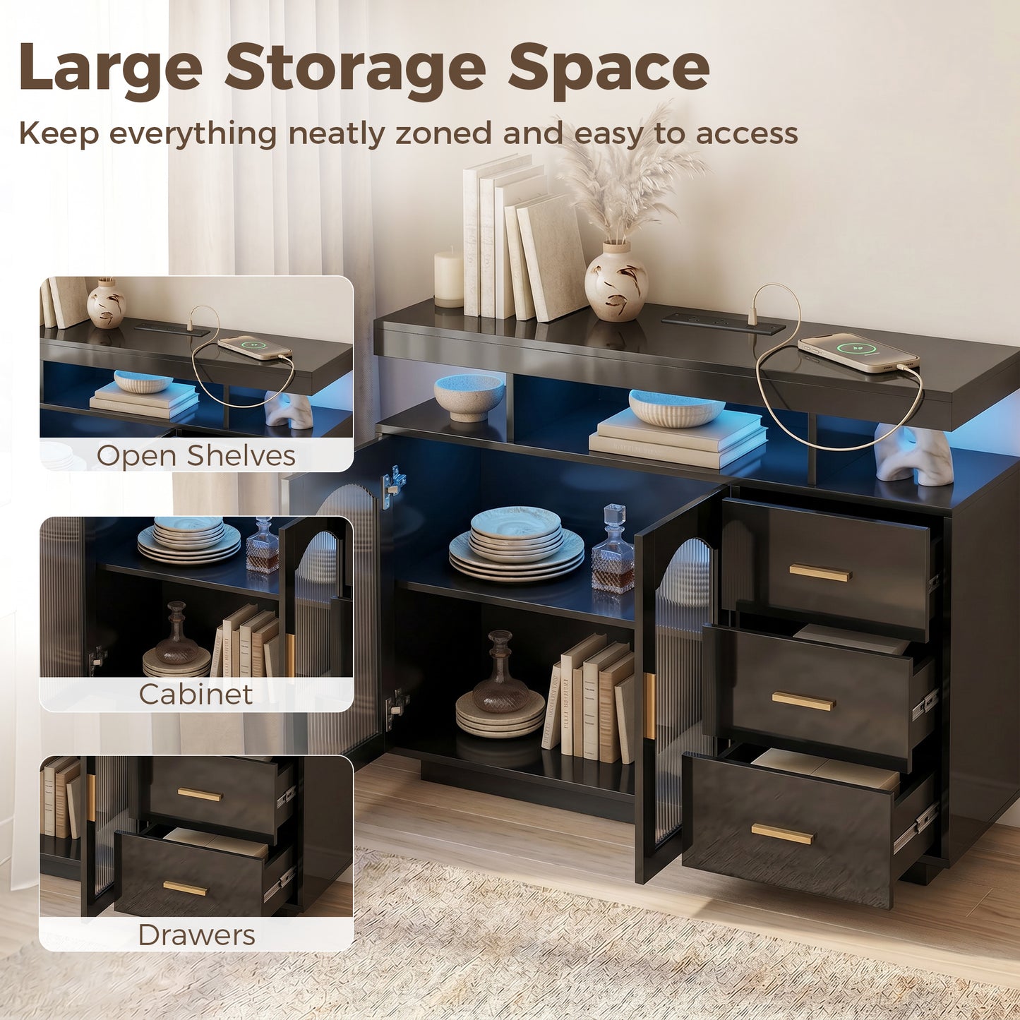 HOMCOM High Gloss Sideboard With LED Lights Built In Power Outlets 3 Drawers Shelves And 2 Acrylic Doors Black