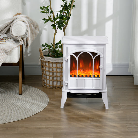 HOMCOM White Electric Stove Heater with Realistic LED Flame and Safety Features