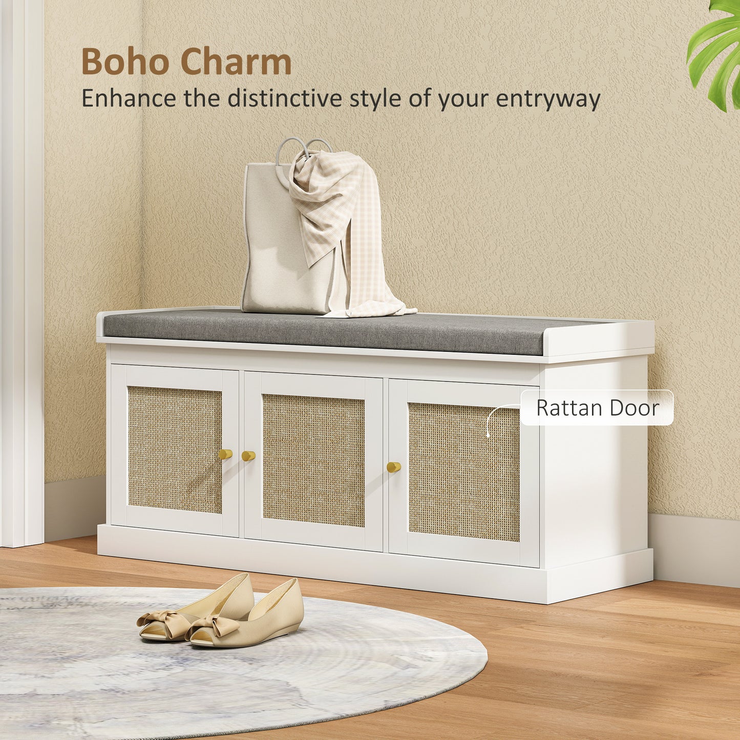 HOMCOM Shoe Storage Bench With Woven Rattan Doors And Soft Removable Cushion White
