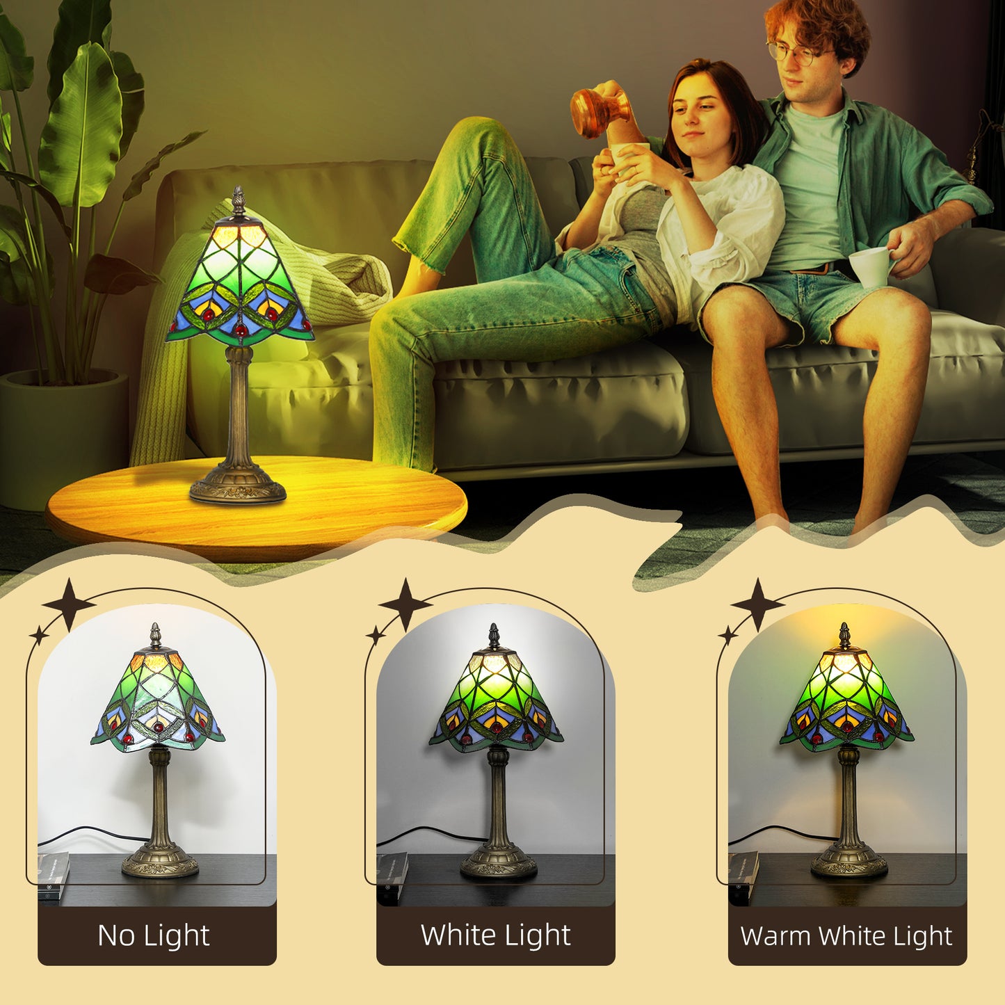 HOMCOM Tiffany Style Table Lamp Geometric Patterns Handcrafted Antique Stained Glass Bedside Lamp Green E27 Socket